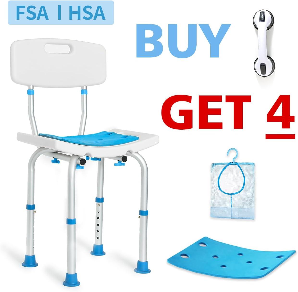 Adjustable White and Blue Aluminum Shower Chair with Backrest