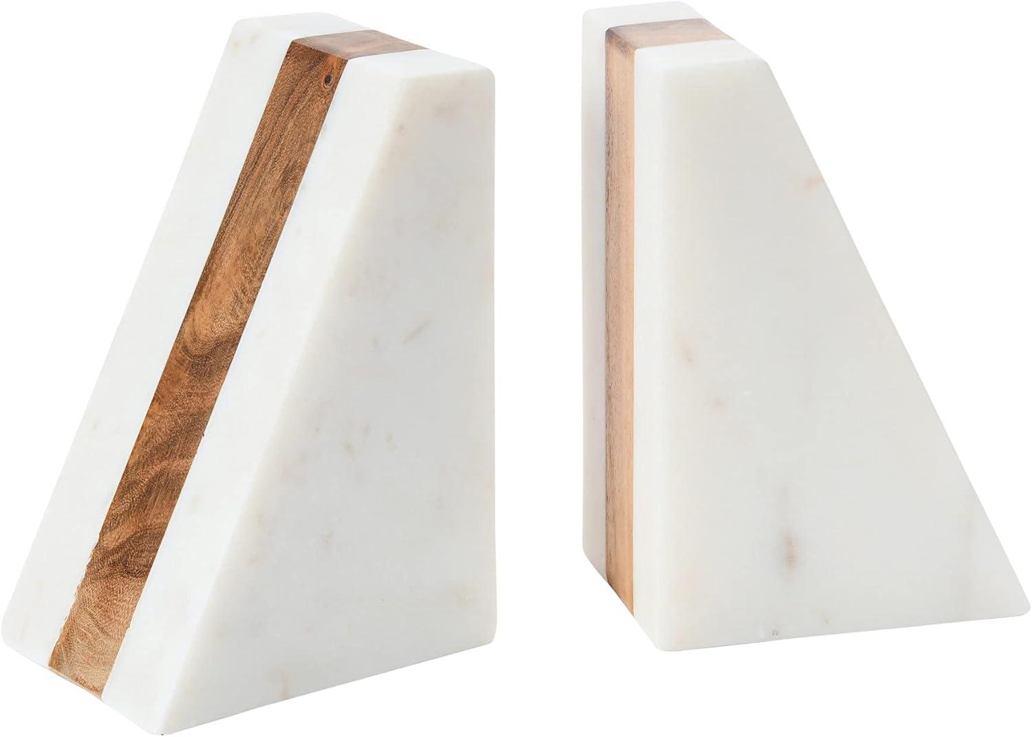 White Marble and Wood Geometric Triangle Bookends