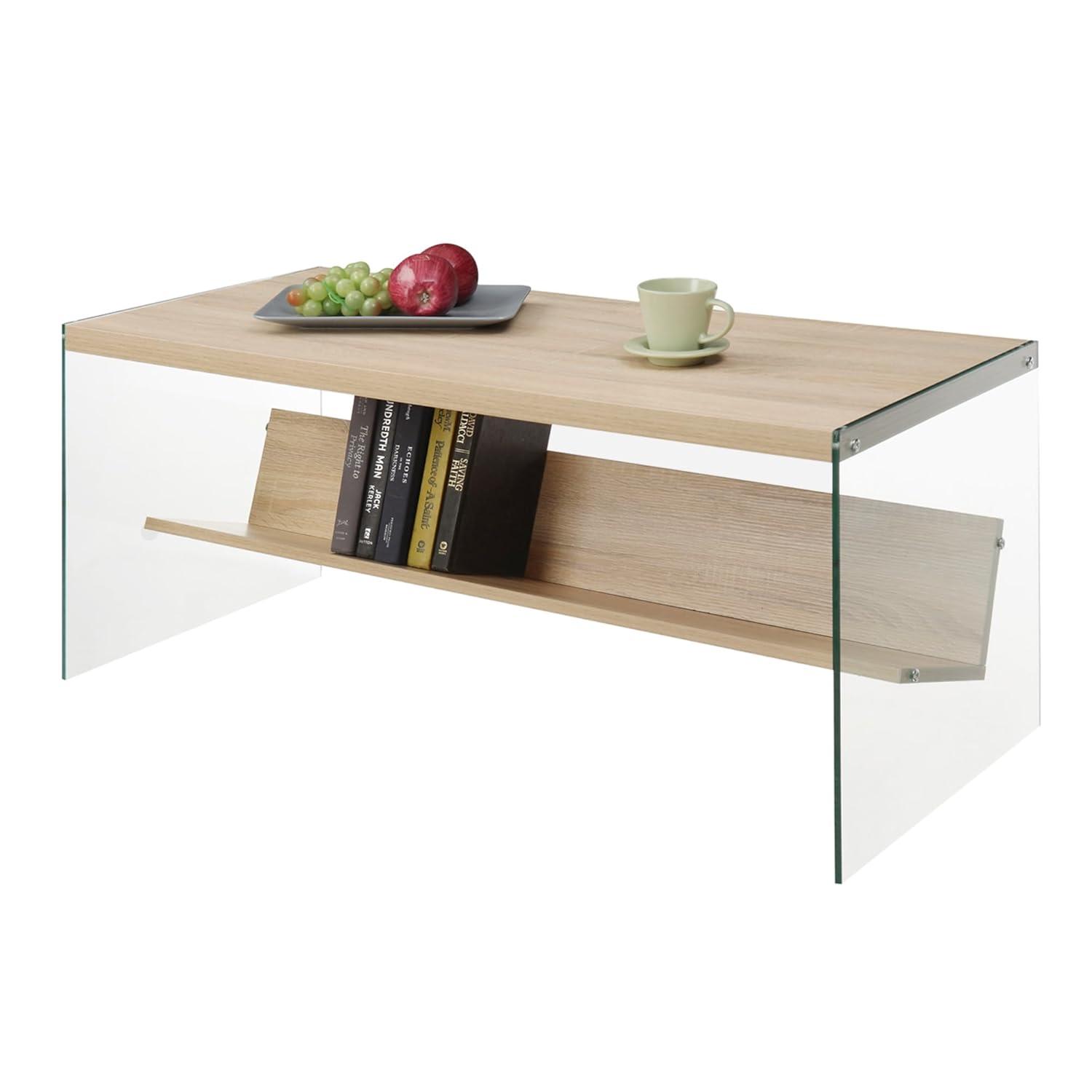 Convenience Concepts SoHo Glass Coffee Table with Shelf, Weathered White/Glass