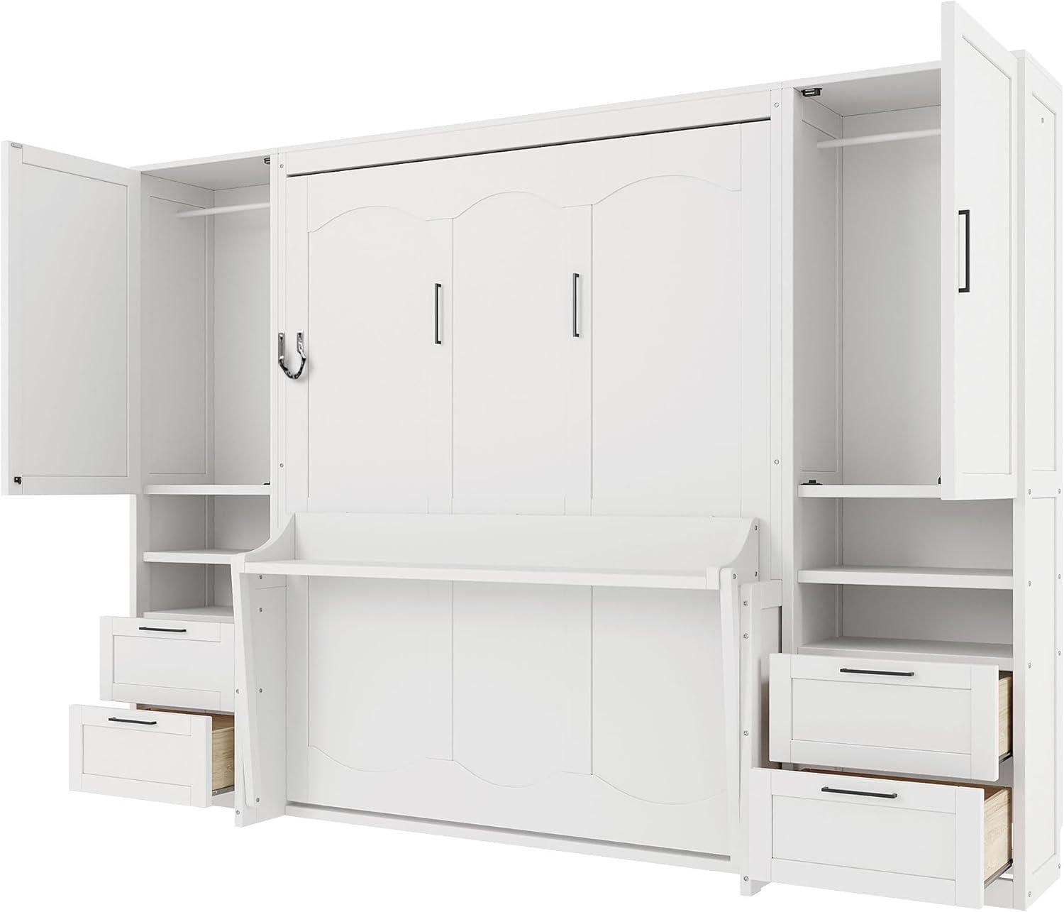 Harper & Bright Designs Queen Size Murphy Bed, Wooden Queen Wall Bed with Closet, Drawers and Shelves, White