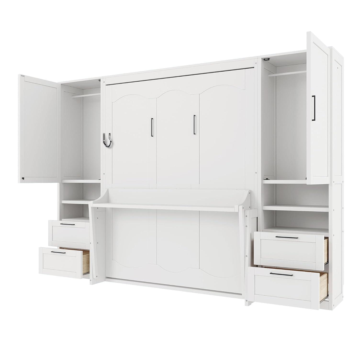 Harper & Bright Designs Queen Size Murphy Bed, Wooden Queen Wall Bed with Closet, Drawers and Shelves, White