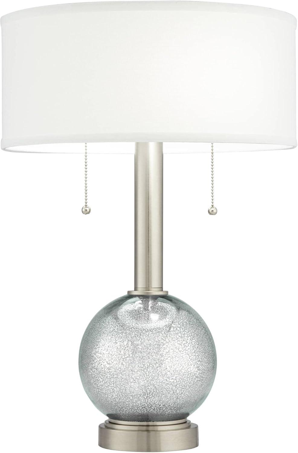 Silver Glass Table Lamps with USB Ports and White Shades, Set of 2