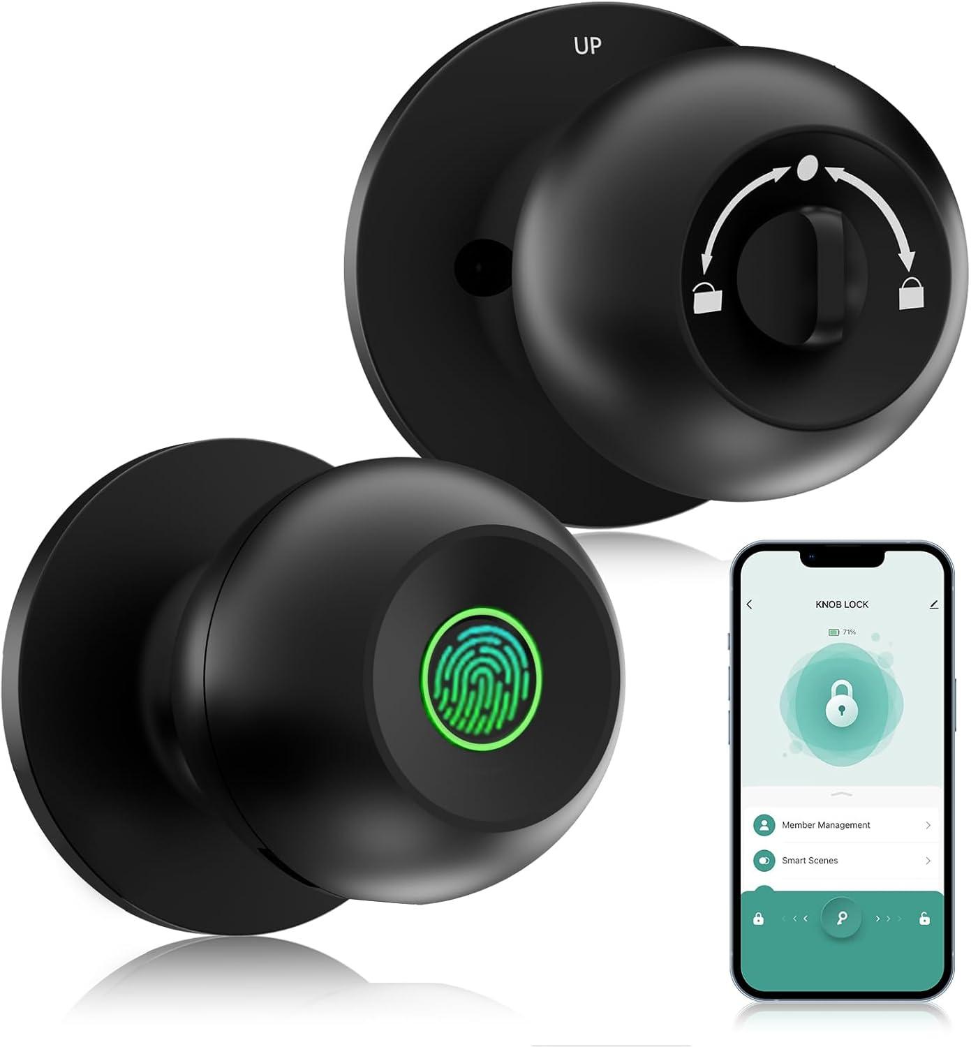 Black Polished Smart Fingerprint Door Knob with App Control