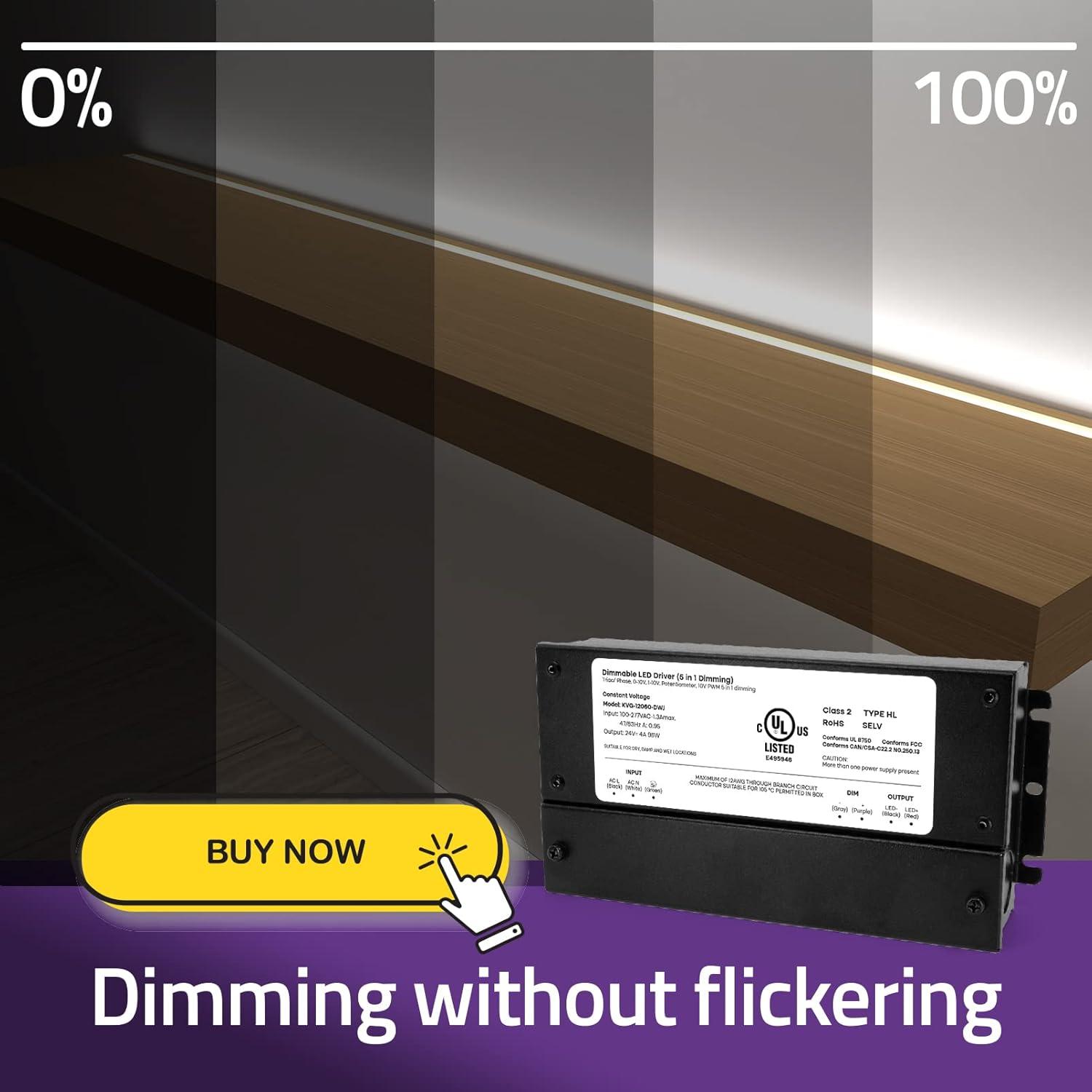 60W Dimmable LED Driver 24V, AC to DC Triac Dimmable Transformer Power Supply, Dimming LED Driver, Compatible with lutron and leviton Dimmer, TRIAC/Phase/0-10V /1-10V/Potentiometer/10V PWM UL Listed