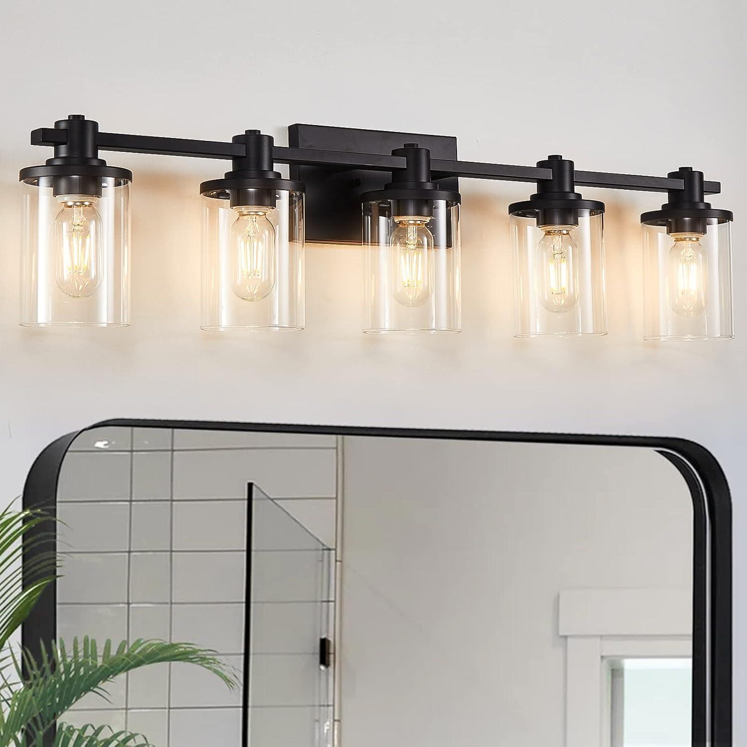 Matte Black 5-Light Bathroom Vanity Fixture with Glass Shades