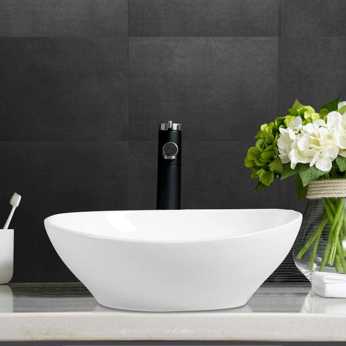 White Ceramic Oval Countertop Bathroom Sink with Pop-Up Drain