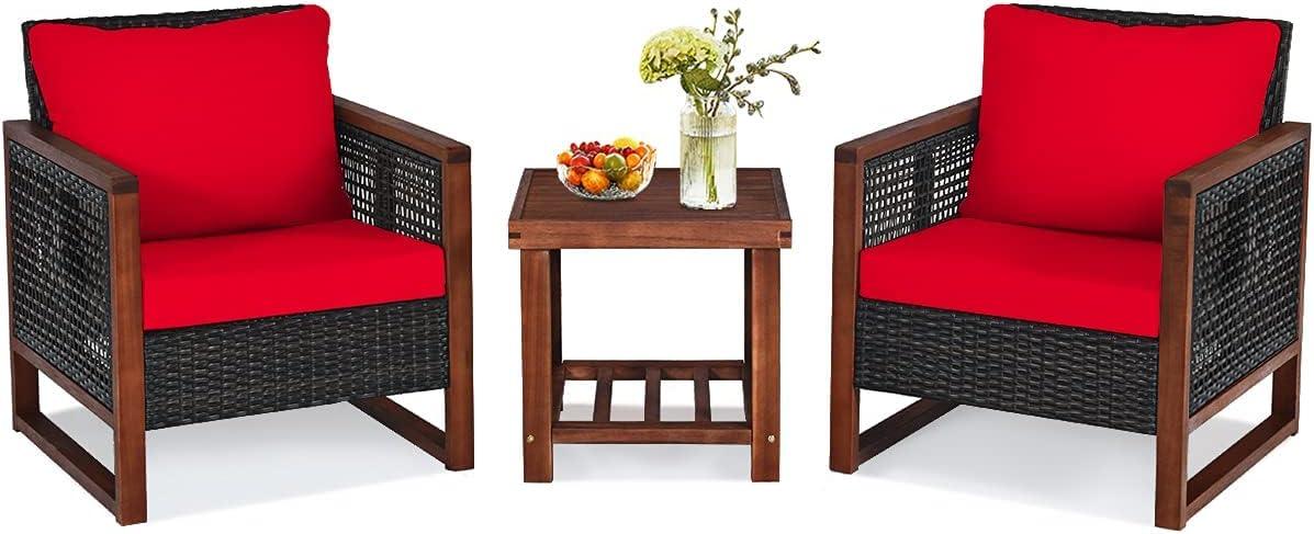 Costway 3PCS Patio Wicker Furniture Set Solid Wood Frame Cushion Sofa w/ Square Table Shelf Red