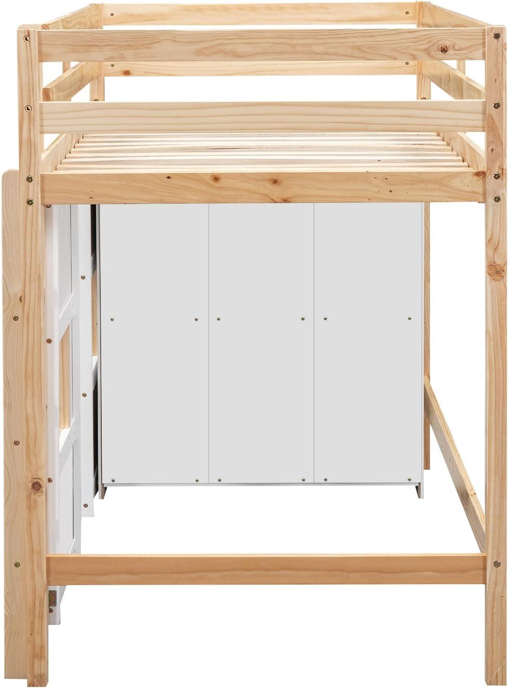 Merax Wood Loft Bed Twin Size with Storage Wardrobe, 2 Windows Design, for Teens, Boys & Girls, White