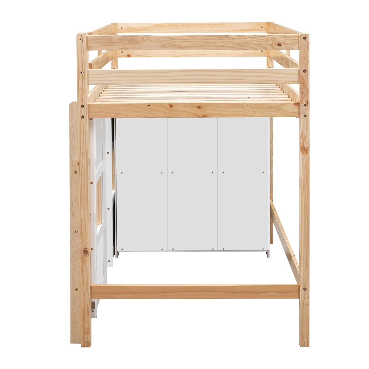 Merax Wood Loft Bed Twin Size with Storage Wardrobe, 2 Windows Design, for Teens, Boys & Girls, White