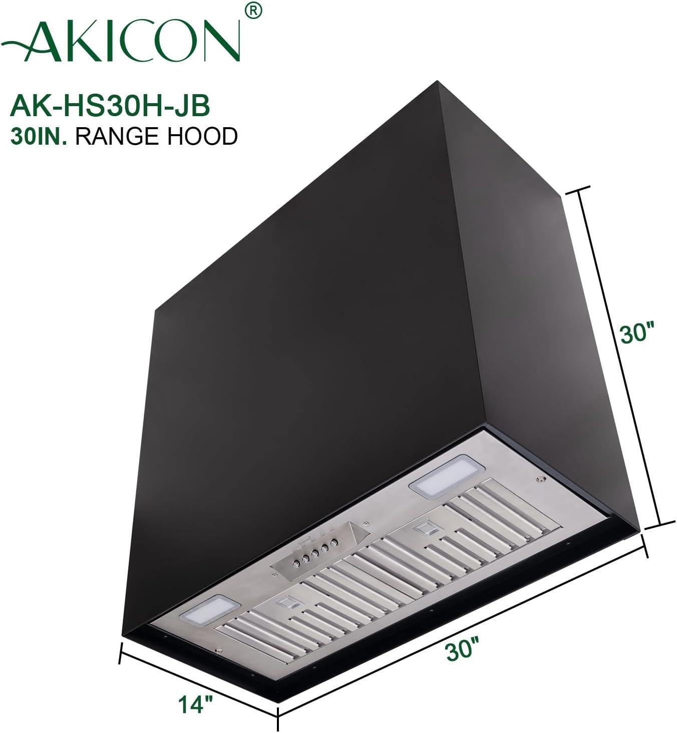 Akicon Stainless Steel Range Hood, Modern Box Kitchen Hood with Powerful Vent Motor, Wall Mount, 30”W*30”H*14D, Jet Black