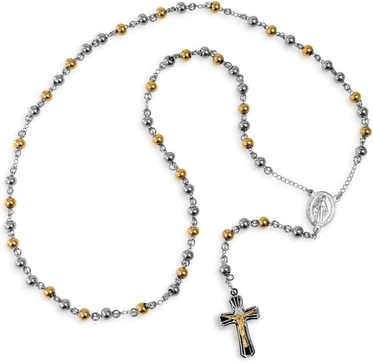 Bling Jewelry Mens Religious Christian Drop Necklace with Virgin Mary and Crucifix Gold & Silver Tone