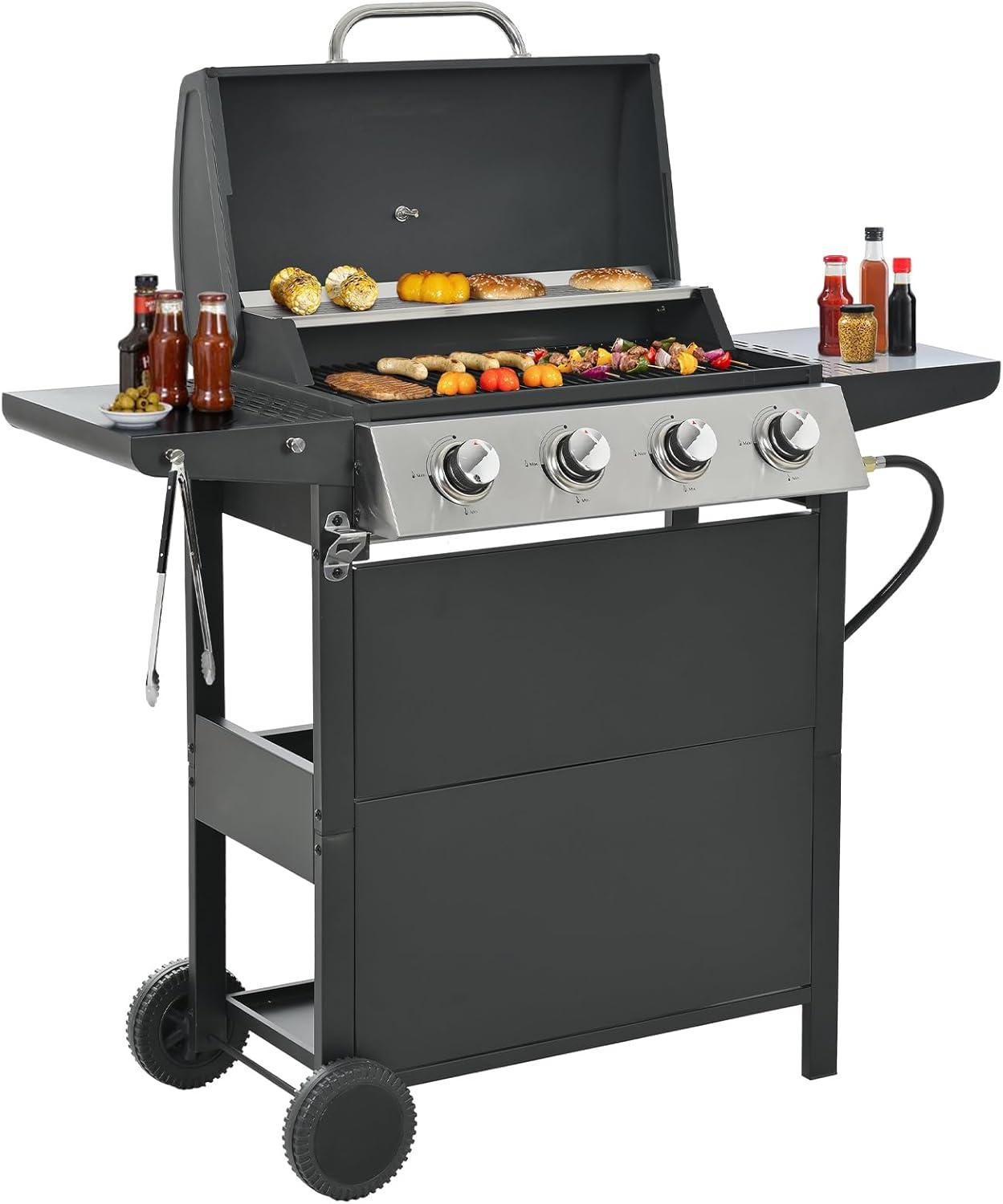 4-Burner Propane Grill with Top Cover Lid, Wheels, Side Tables, Built-in Thermometer, Stainless Steel 34,200 BTU Gas Grill