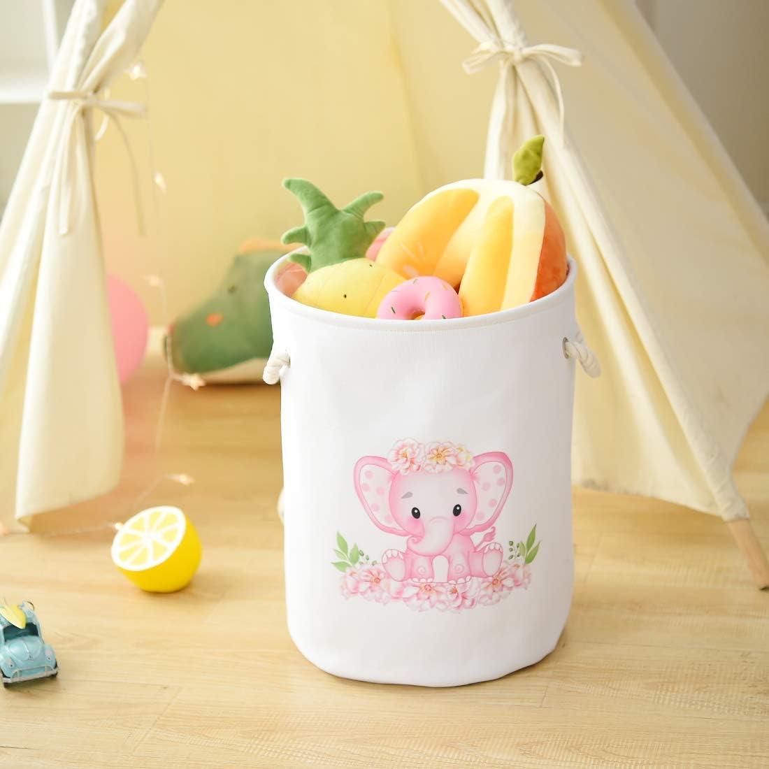 Pink Elephant Collapsible Kids Laundry Hamper with Handles