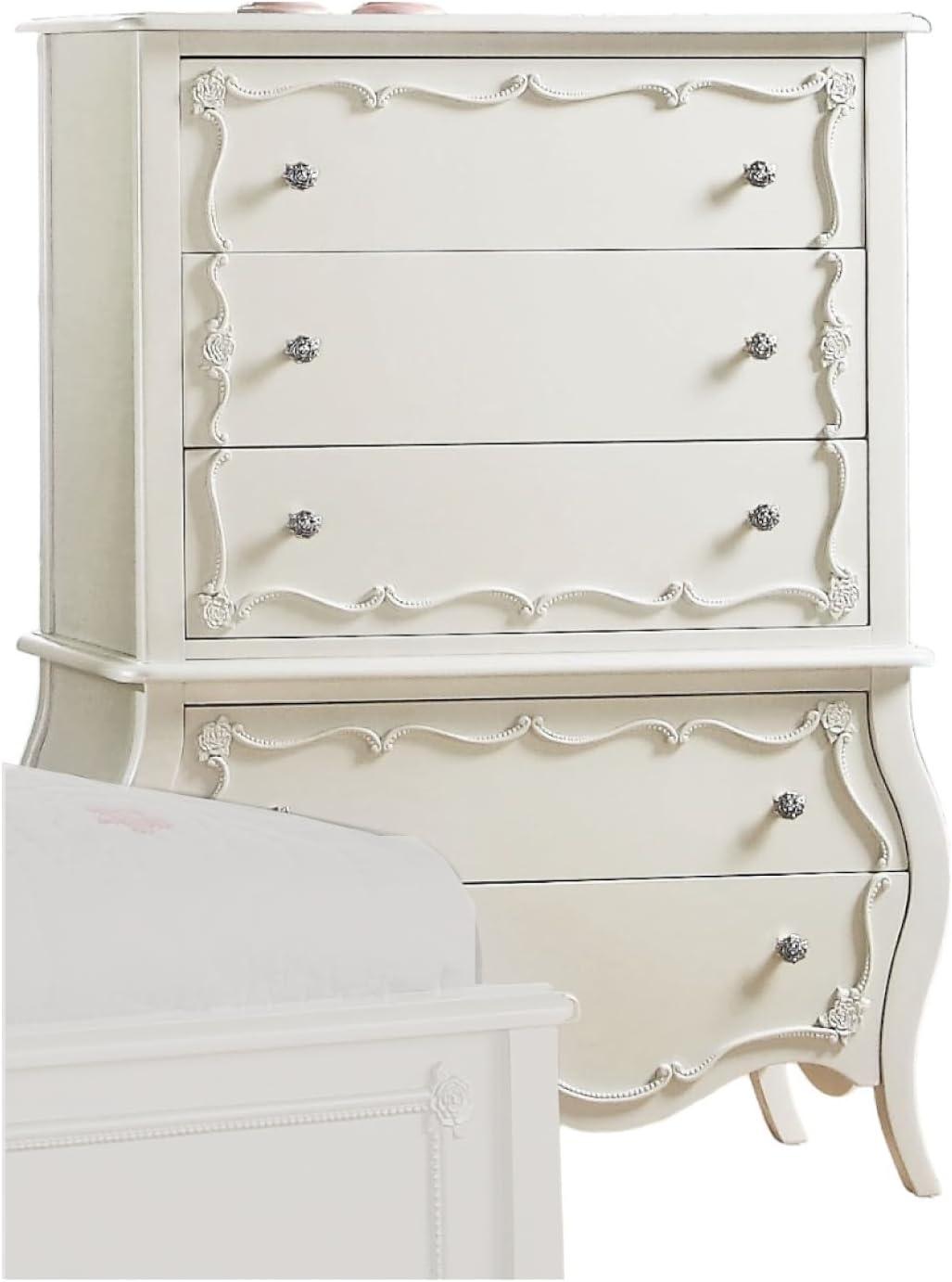 Edalene 37" Decorative Storage Drawers Pearl White - Acme Furniture: Clear Rosette Knobs, Floral Felt-Lined, Nickel Rose Hardware