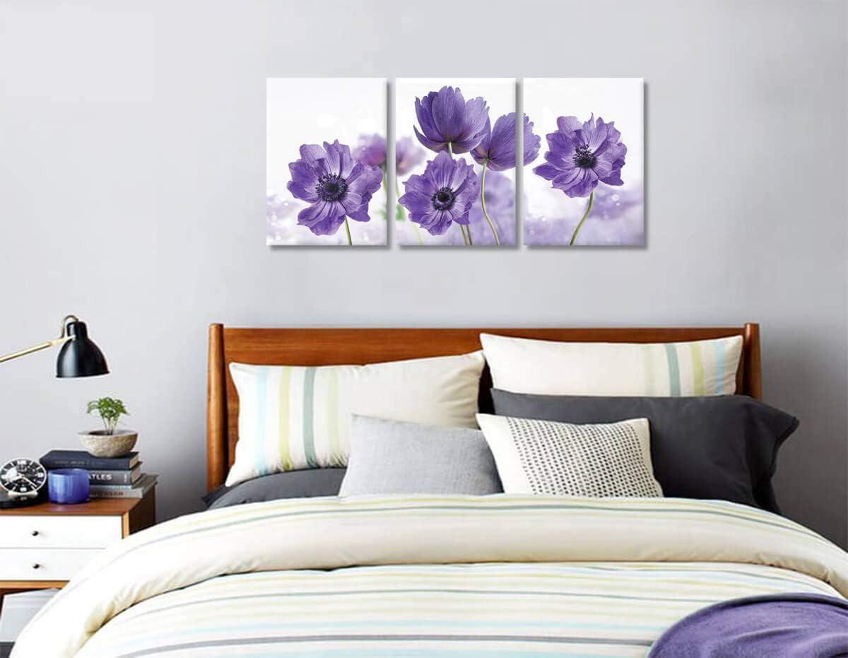 Canvas Art Wall Decor for Bedroom Purple Flower Bloom Close Up Pictures Prints on Canvas Wall Decoration for Bedroom Simple Life Modern Minimalism Artwork Framed Wall Art 3 Piece Canvas Wall Art Set