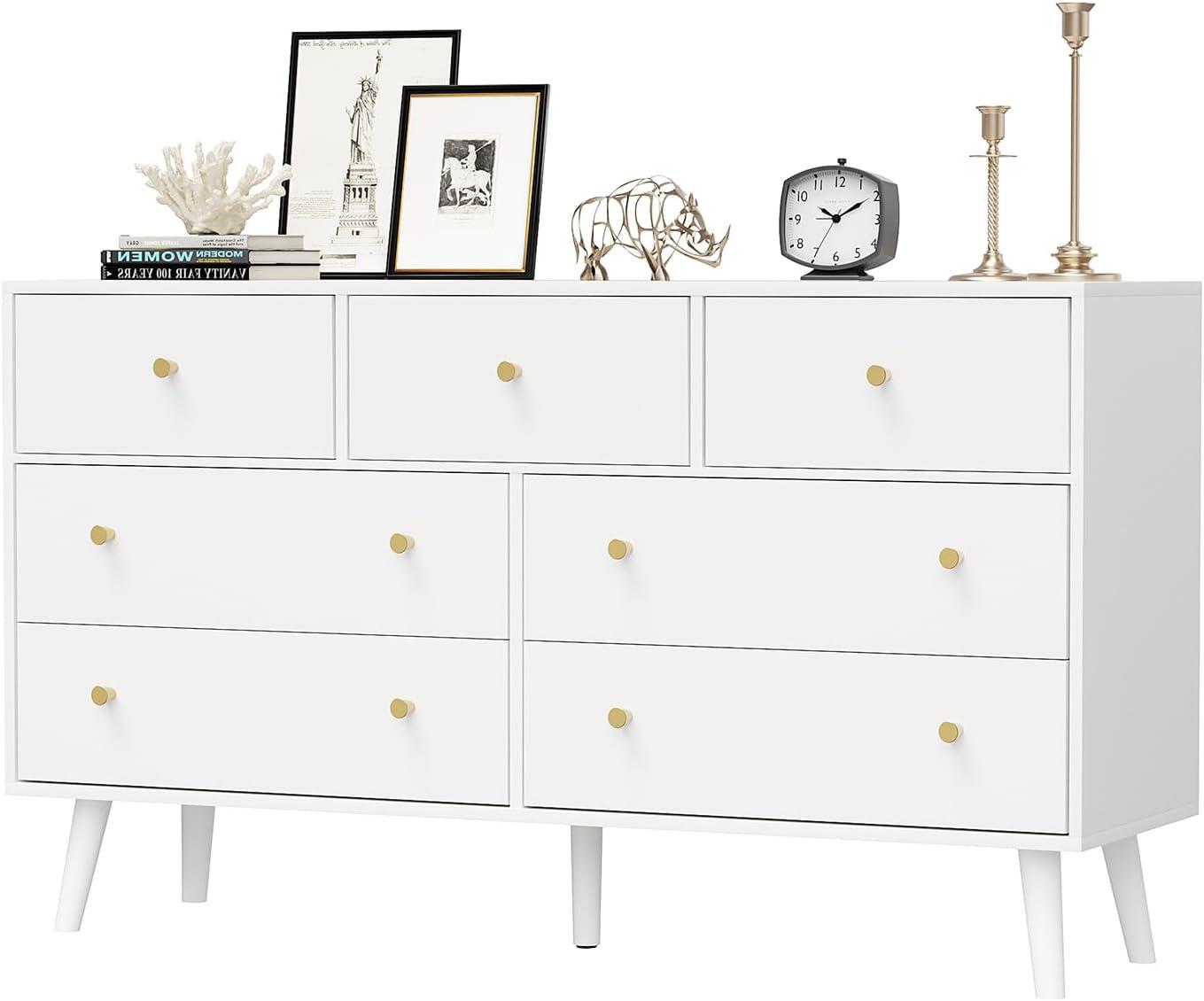 White Modern Wood Dresser with 7 Drawers and Metal Handles