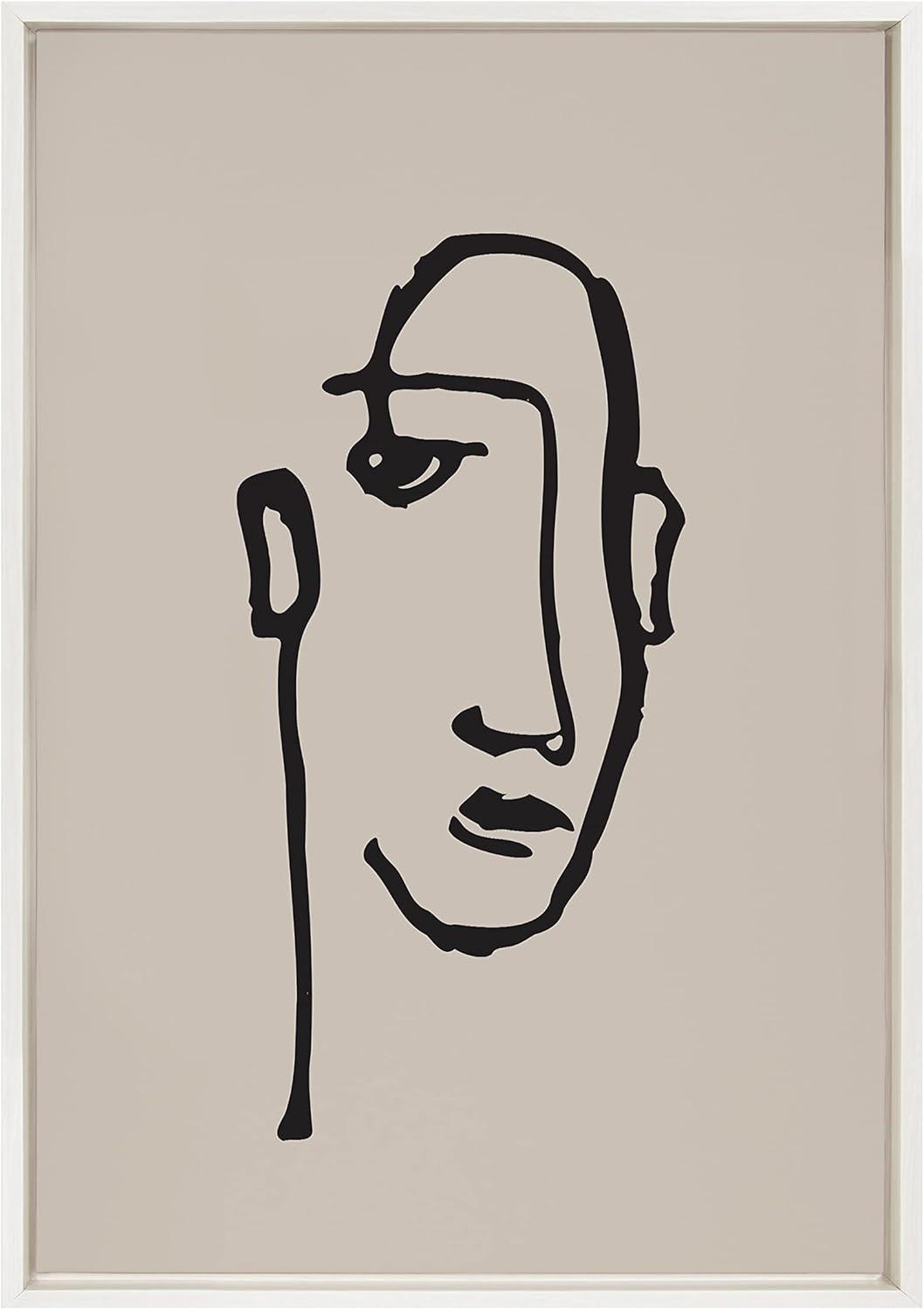 Kate and Laurel Sylvie Minimalist Neutral Line Art Drawing Face Framed Canvas Wall Art by The Creative Bunch Studio, 23x33 White, Modern Abstract Face Line Drawing Wall Decor
