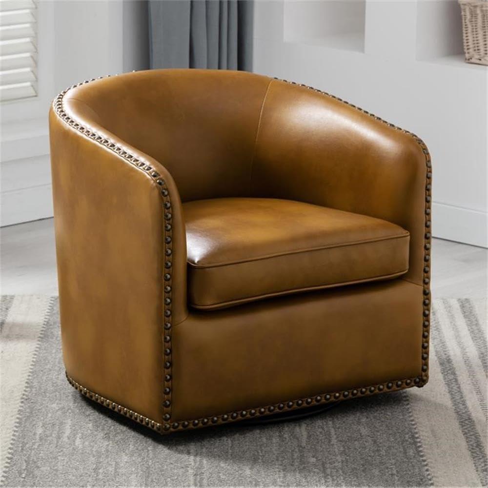 Comfort Pointe Tyler Faux Leather Solid Swivel Armchair, Camel Brown