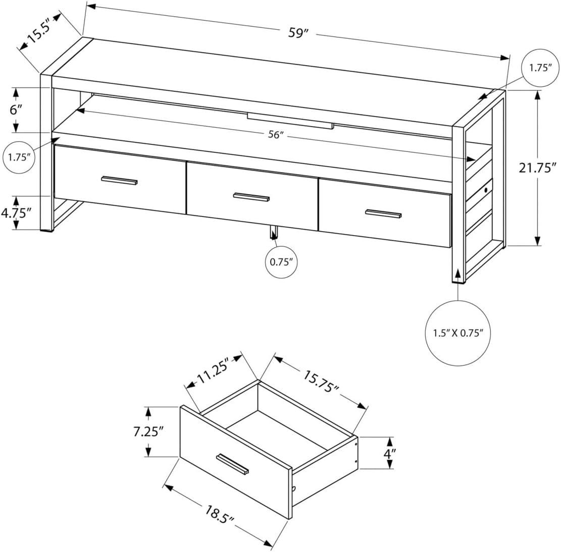 Contemporary 59" Gray TV Stand with 3 Storage Drawers and Metal Frame