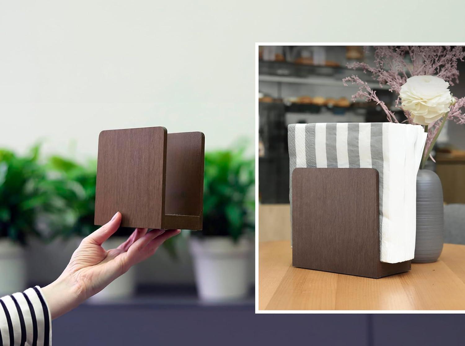 Napkin Holder For Table - Wooden Farmhouse Napkin Holders, Brown Simple Upright Vertical Dining Table Cocktail Napkins Dispenser, Kitchen Rustic Natural Walnut Wood For Paper Napkins