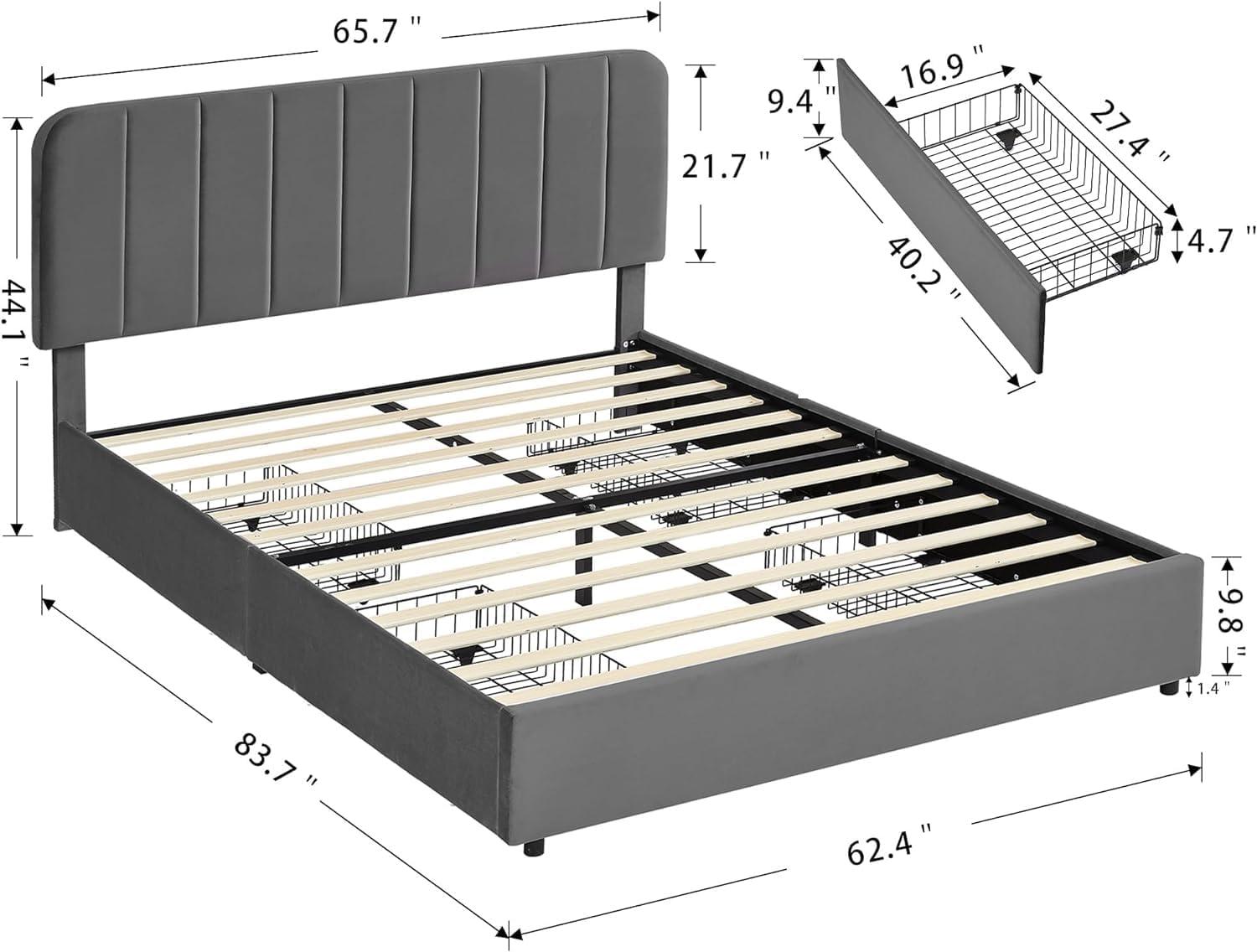 Queen Size Gray Velvet Upholstered Bed Frame with Storage Drawers