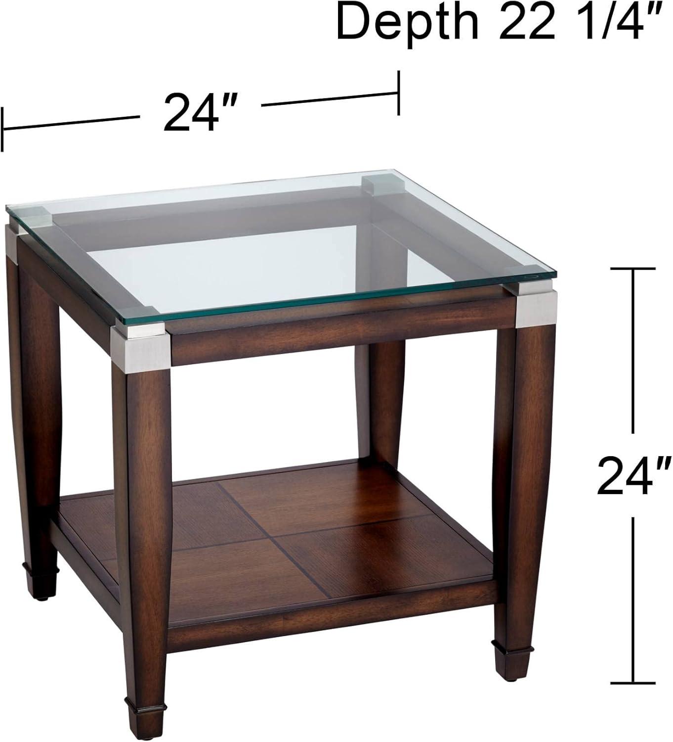 Elm Lane Farmhouse Rustic Oak Wood Accent Side End Table 24" x 22 1/4" with Open Shelf Brown Clear Glass Tabletop for Living Room Bedroom Bedside