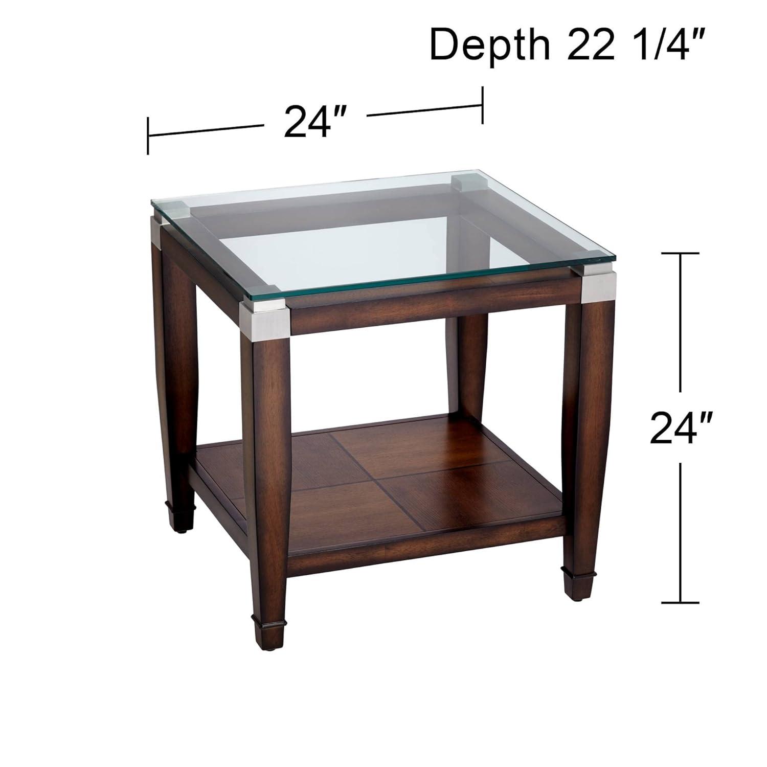 Elm Lane Farmhouse Rustic Oak Wood Accent Side End Table 24" x 22 1/4" with Open Shelf Brown Clear Glass Tabletop for Living Room Bedroom Bedside