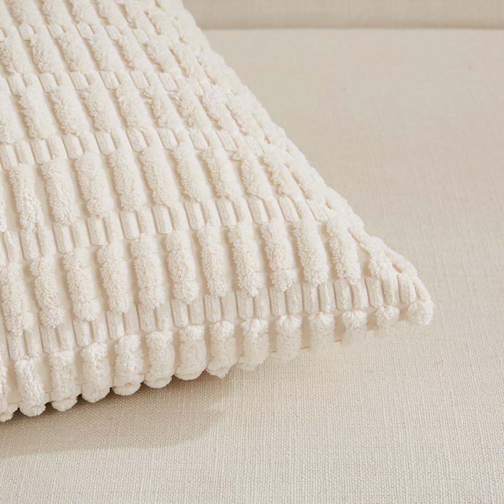 Fancy Homi 2 Packs Boho Decorative Throw Pillow Covers 18x18 Inch for Living Room Couch Bed Sofa, Rustic Modern Farmhouse Home Decor, Soft Corduroy Cream Square Cushion Case 45x45 cm