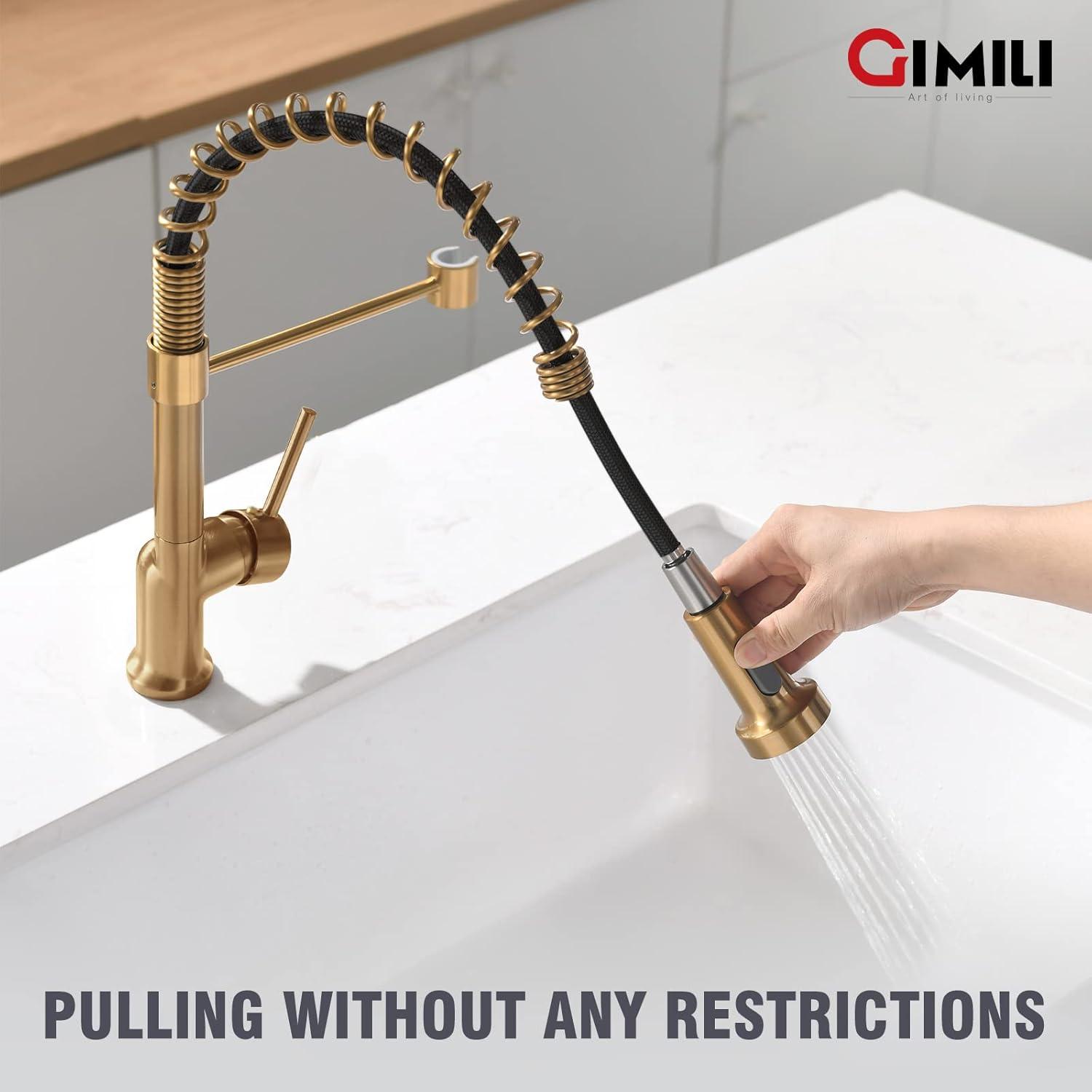 MOGFCT Kitchen Faucet Spring Pull Down Single Handle Brass Deck Mounted Kitchen Sink Faucets (Brushed Gold)