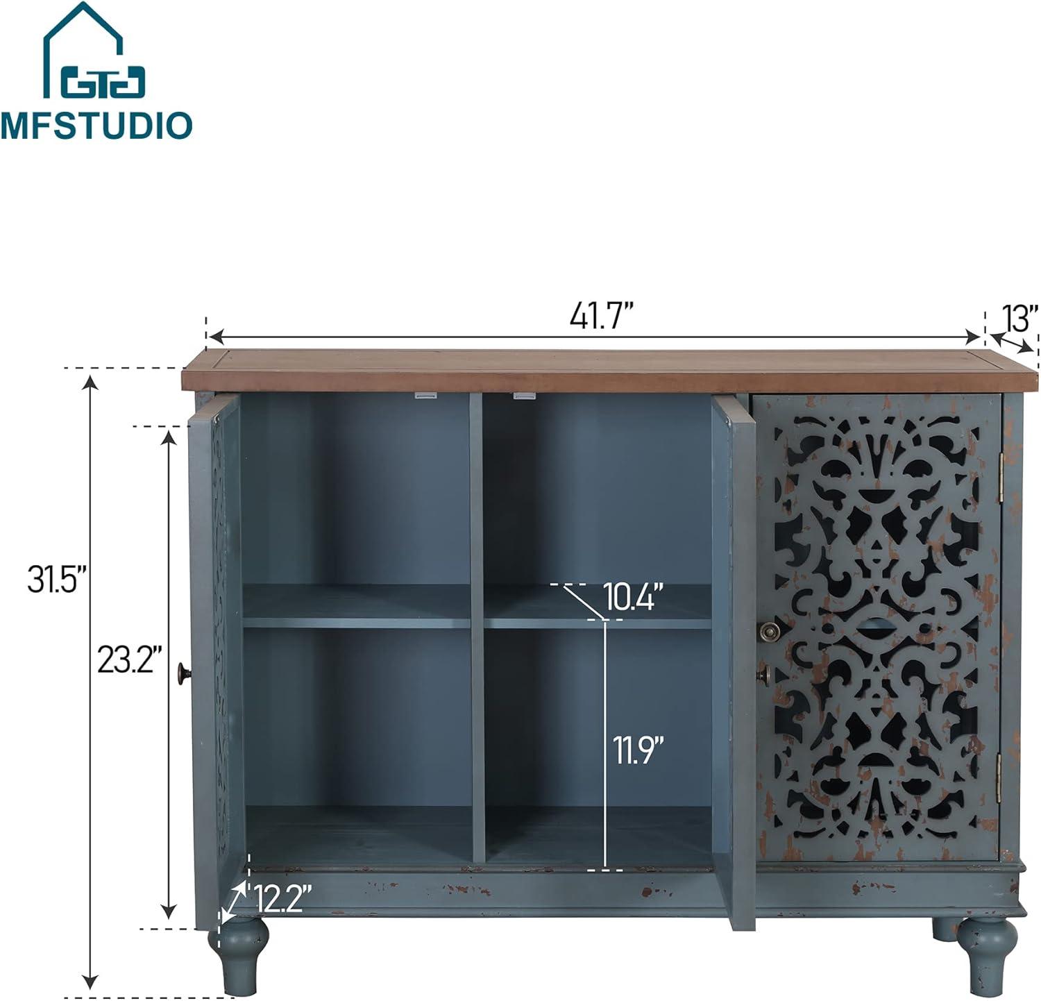 Blue Carved Wood 3-Door Freestanding Storage Cabinet