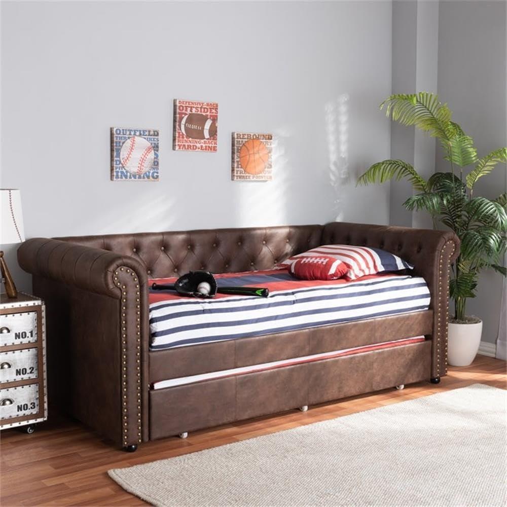 Baxton Studio Twin Brown Mabelle Faux Leather Daybed with Trundle: Upholstered, Wood Composite Frame, Polyester Fill