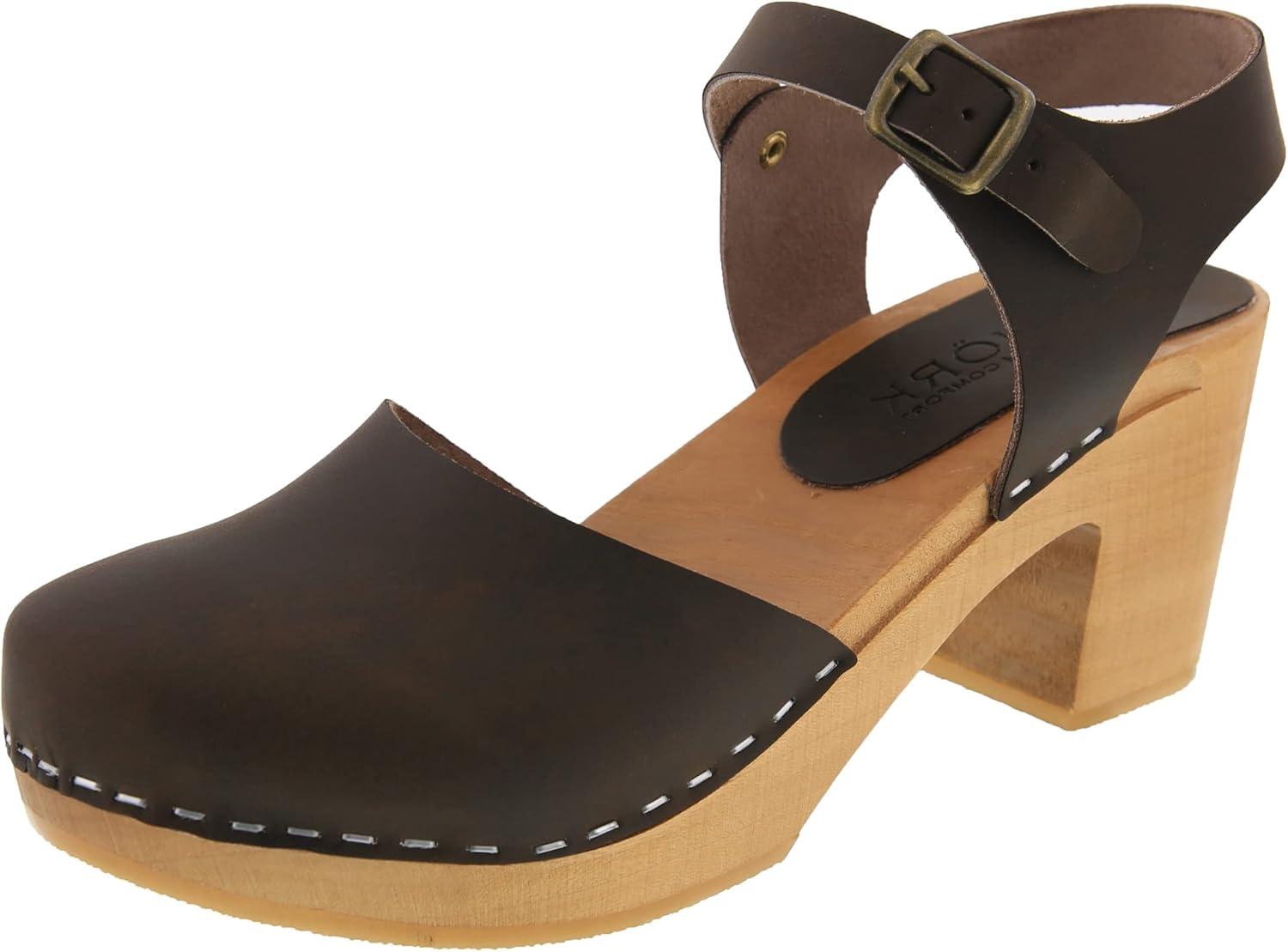 Brown Genuine Leather Ankle Strap Clog Sandals