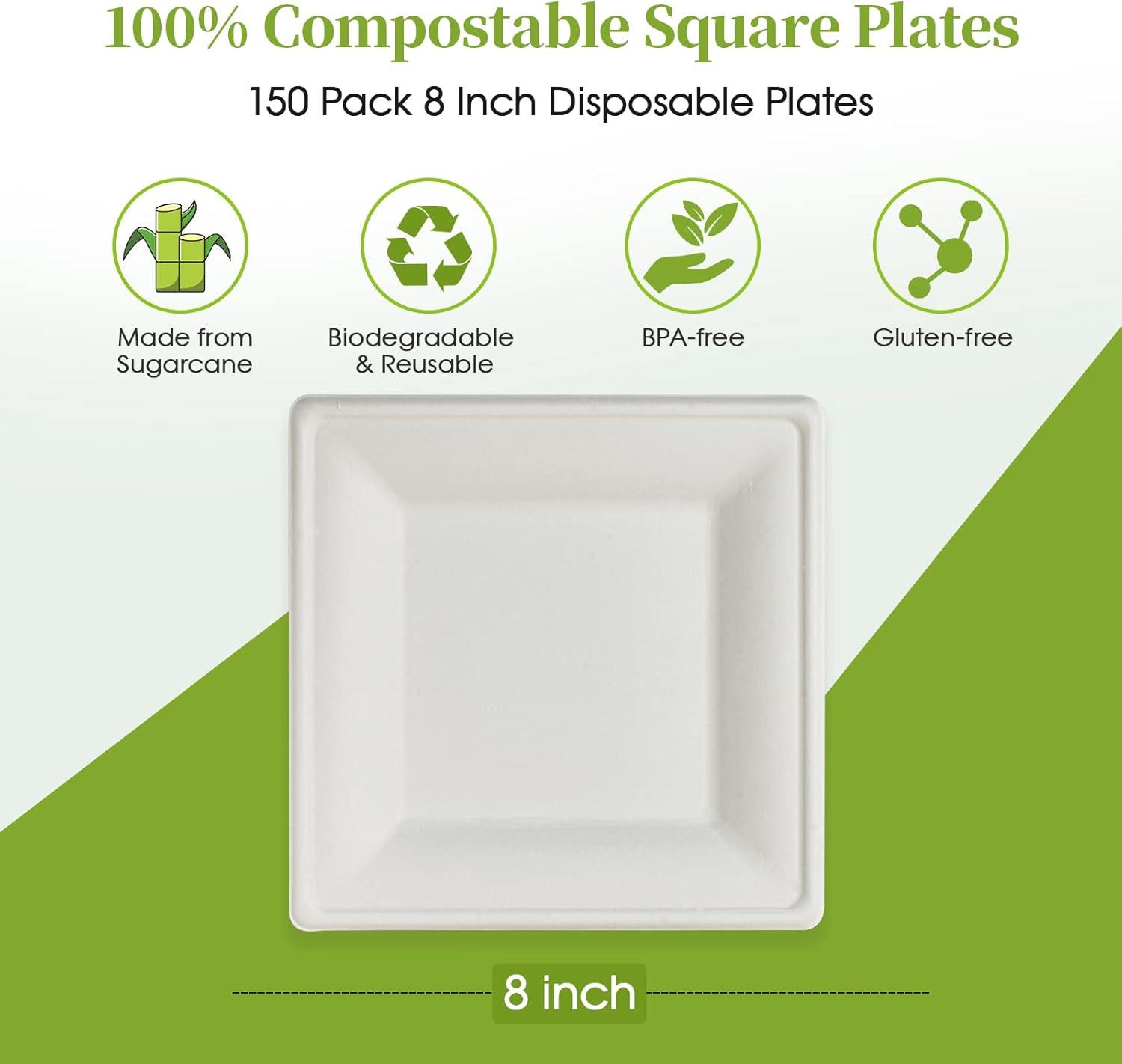 ECOLipak 150 Piecs Square Paper Plates, 8-inch Compostable Disposable Plates, Eco-friendly Heavy Duty Biodegradable Sugarcane Plates for Party Dinner Birthday