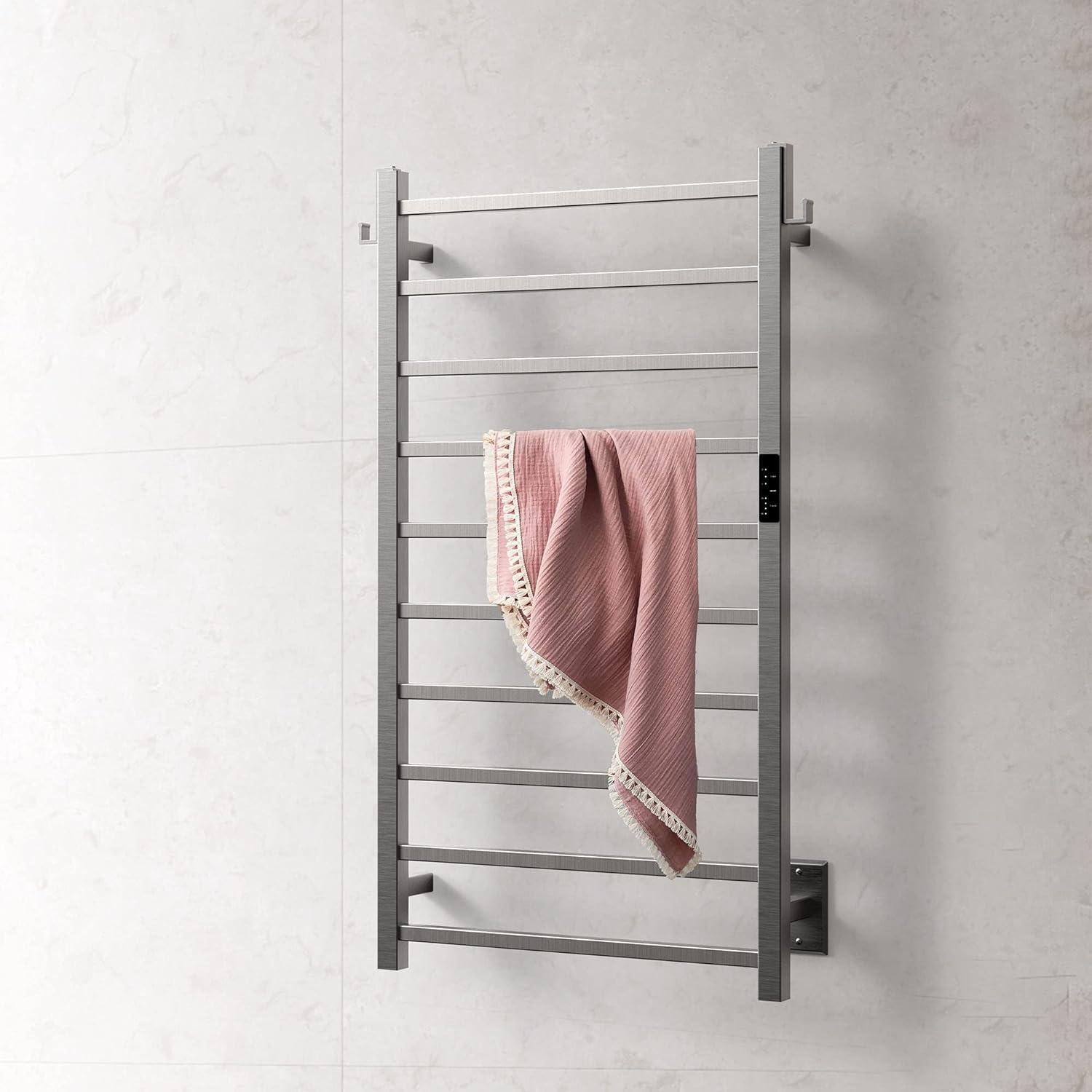 P&Bhusri Towel Warmer, 10-Bar Heated Towel Rack for Bathroom, Electric Towel Warmer with Timer & Temperature Multi-Level Adjustments, Brushed, Plug-in/Hard-Wired