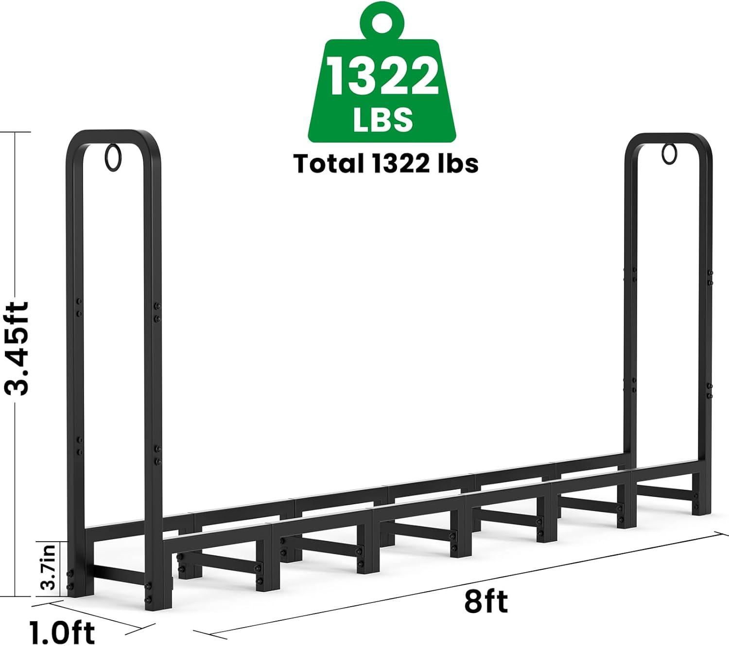 8ft Black Steel Outdoor Firewood Log Rack with Cover