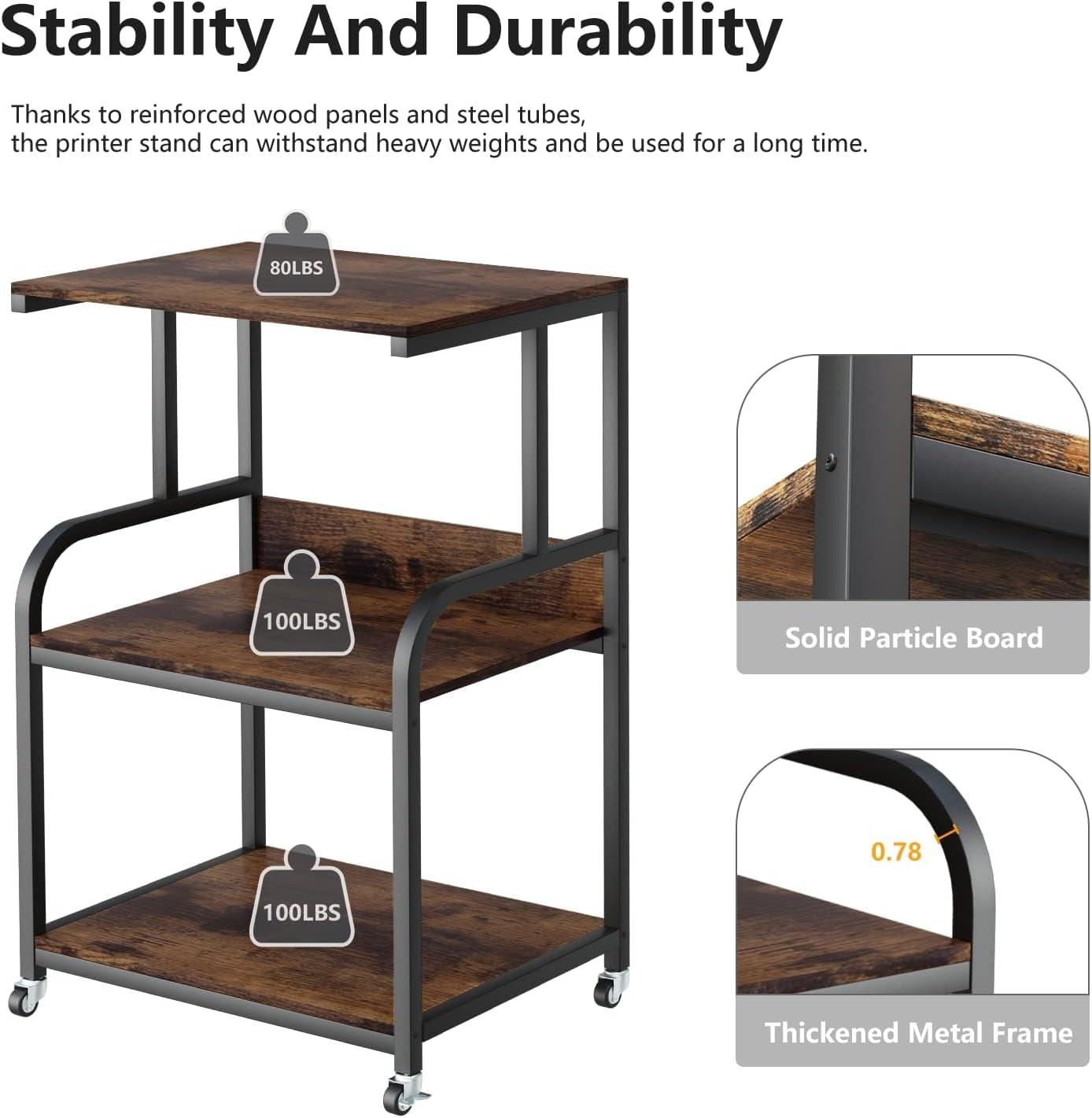 EasyCom 20''x15.7''Large Printer Stand-3 Tier Printer Table with Wheels- Printer Storage Cart- Rolling Printer Cart with Storage Shelf for Printer Scanner Fax Home Office Use- Rustic Brown