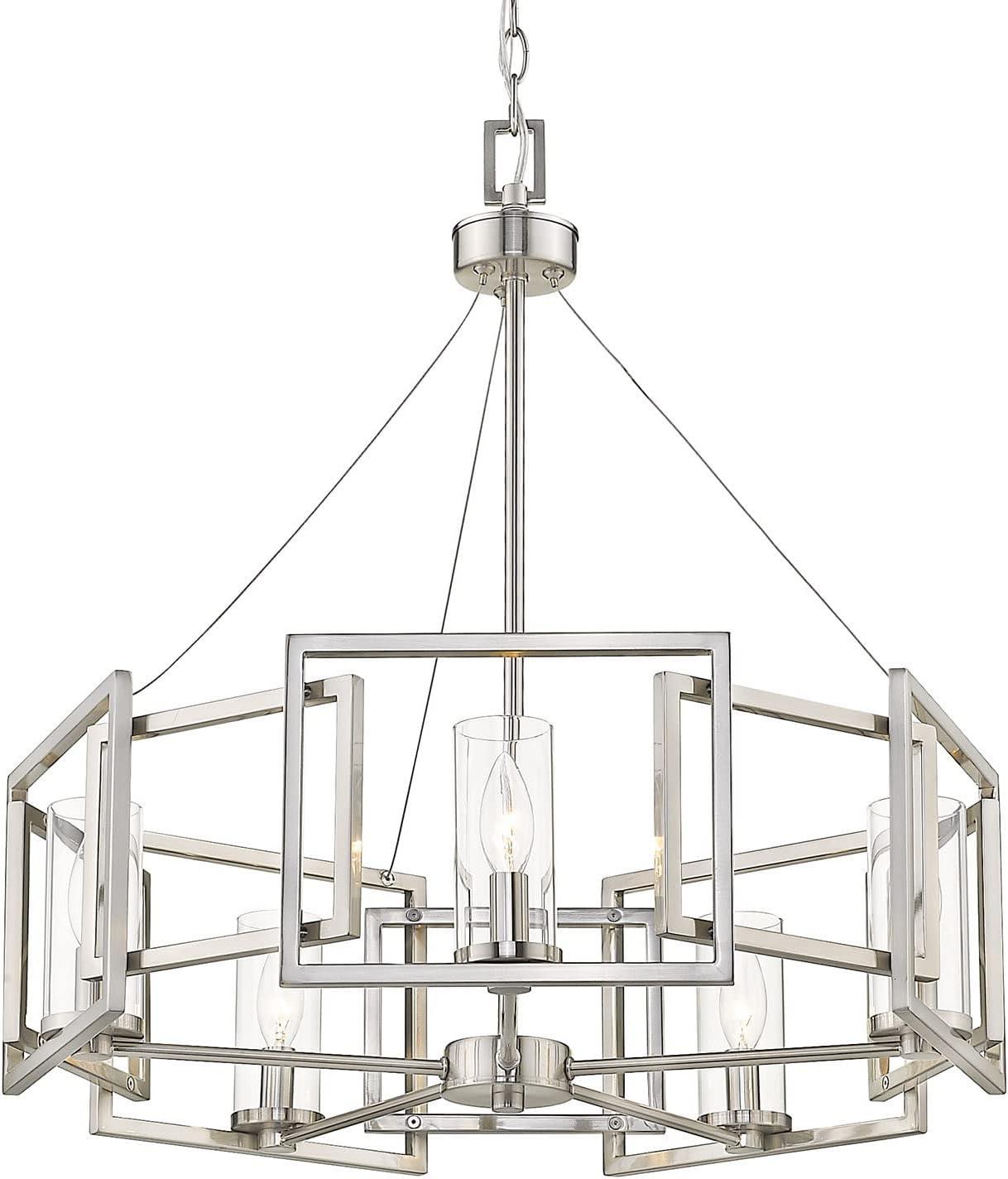 Elegant White Gold 5-Light Chandelier with Clear Glass Cylinders