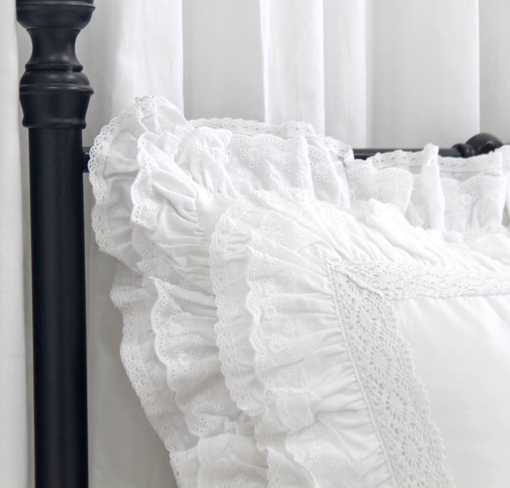 Lemfux Cotton Euro Shams with White Lace Ruffles, 26 x26 Inch, Set of 2,Rustic Farmhouse Lace Shabby Soft Breathable Bridal Pure White European, White Decorative Pillow Covers
