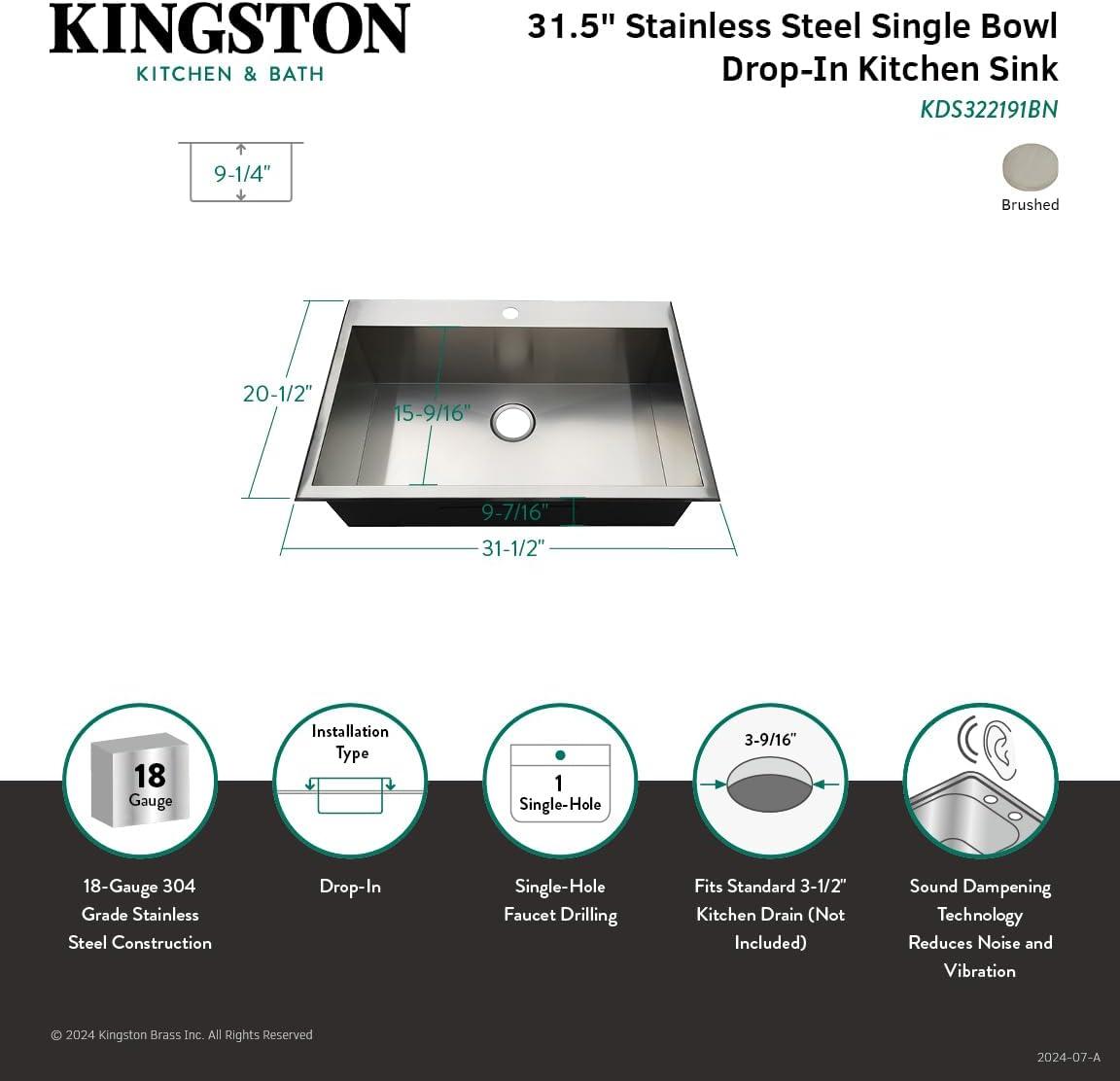 Kingston Brass Uptowne 31.5-Inch Stainless Steel Self-Rimming 1-Hole Single Bowl Drop-In Kitchen Sink