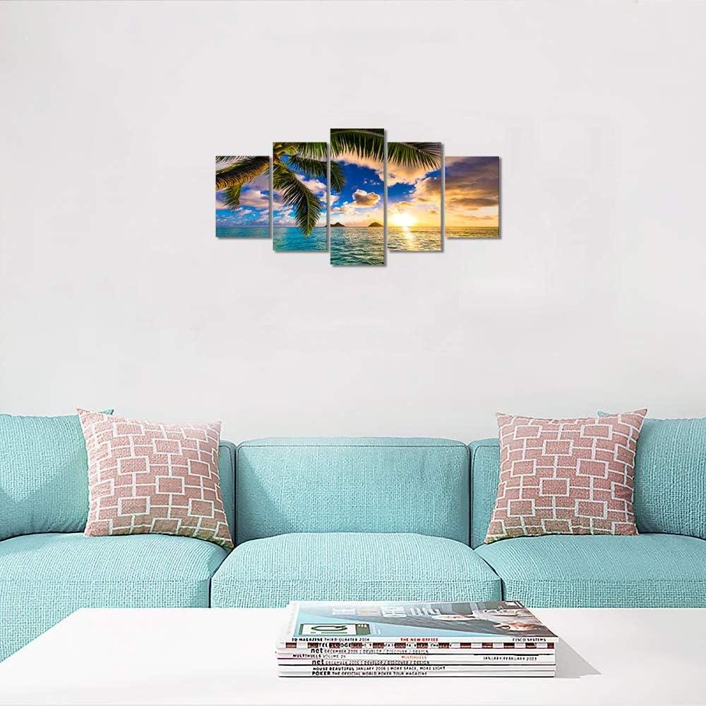 Modern 5 Piece Framed Giclee Canvas Prints - Blue Beach Landscape Blue Paintings on Canvas Wall Art Canvas Print Frame Picture Painting (B-5pcs,40"x20")