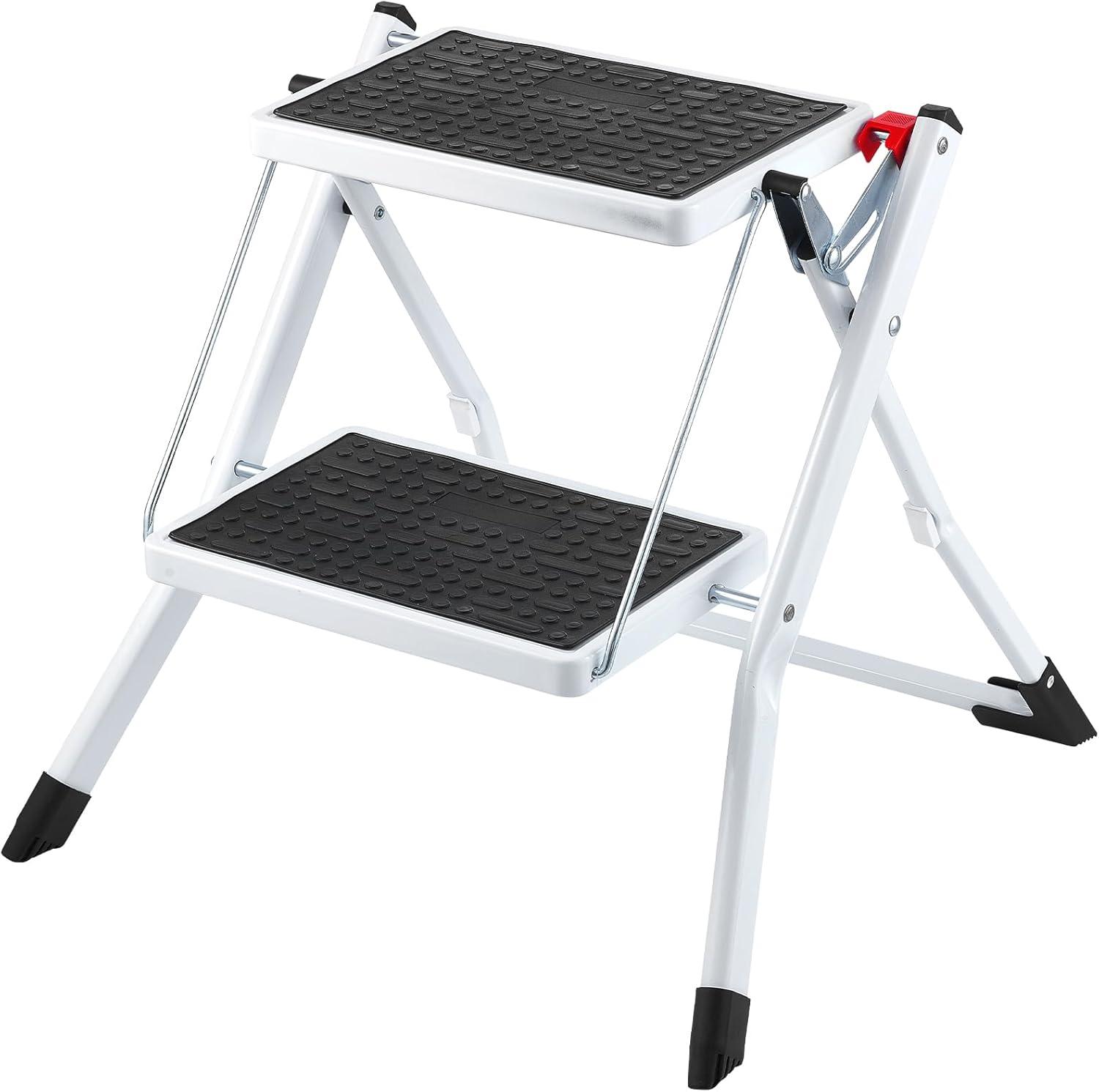 Foldable White Steel 2-Step Ladder with Anti-Slip Pedal