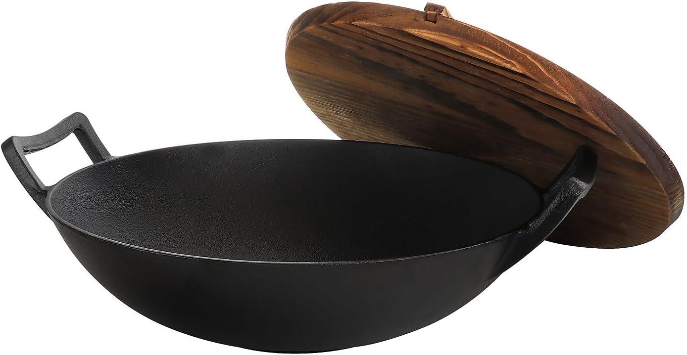 MegaChef 14 Inch Heavy Duty Cast Iron Wok with Wood Lid
