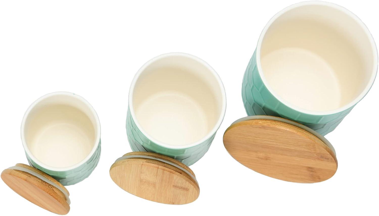 Set of 3 Mint Green Ceramic Honeycomb Canisters with Bamboo Lids