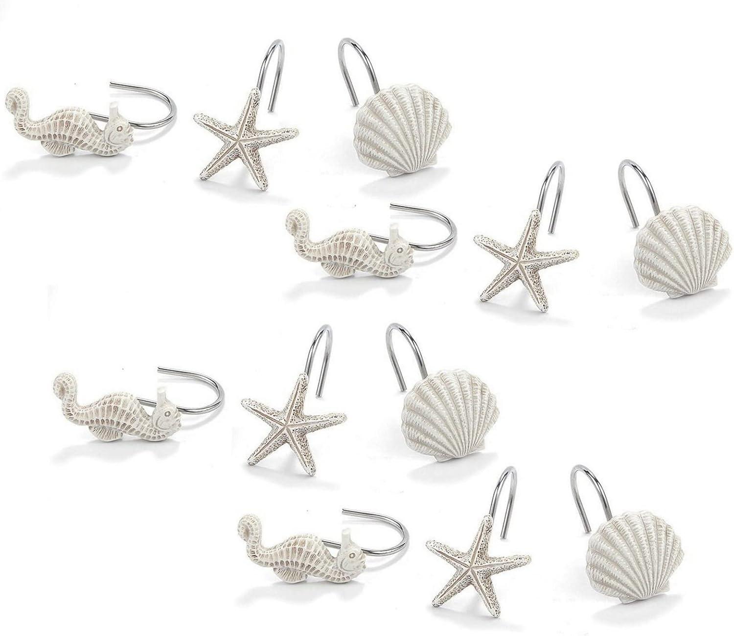 12-Pack of Beach-Themed Shower Curtain Stainless Steel Hooks, Decorative Seashell Coastal Shower Hooks for Bathroom Decor with Seahorses, Starfish, and Seashells