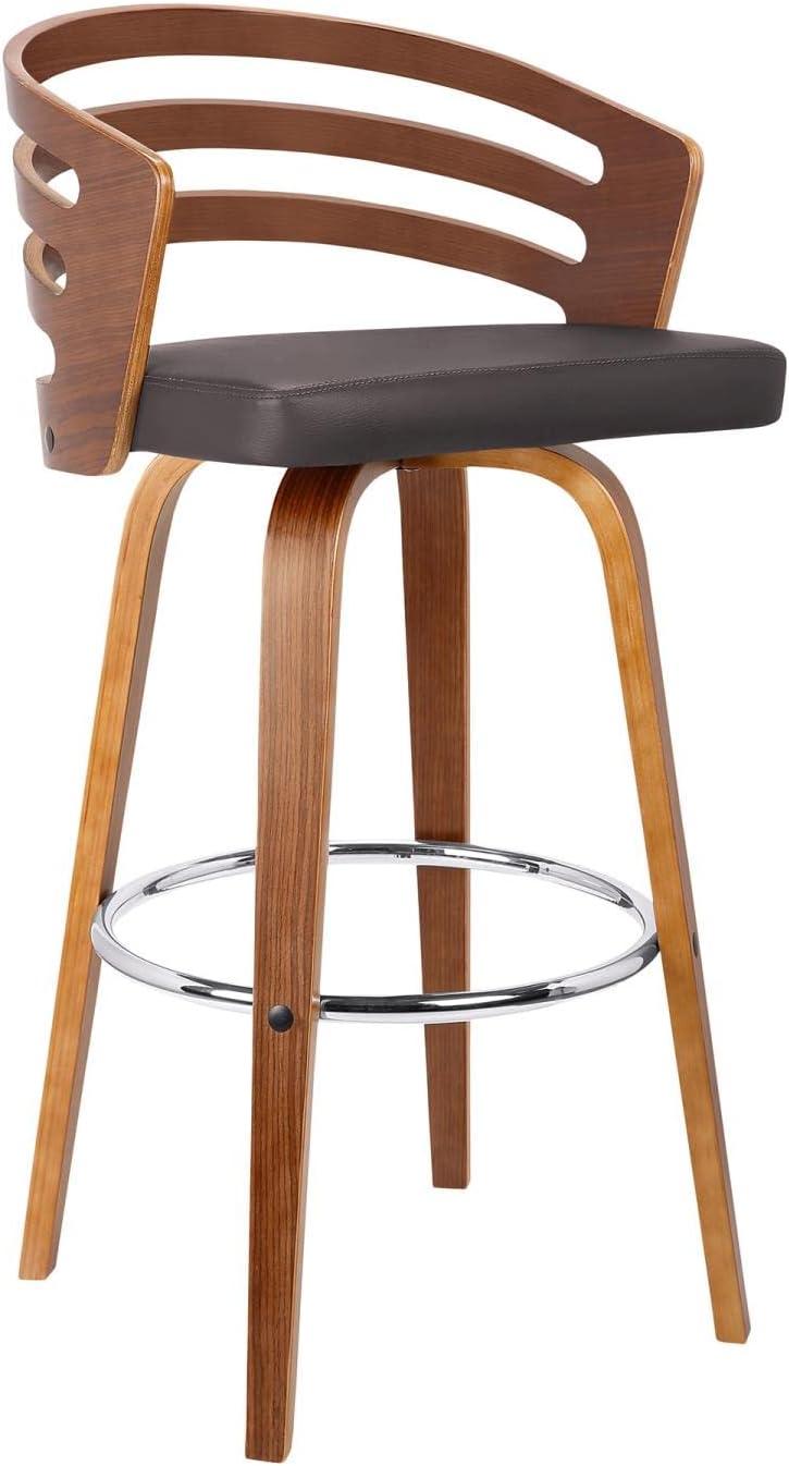Mid-Century Walnut Swivel Stool with Brown Faux Leather
