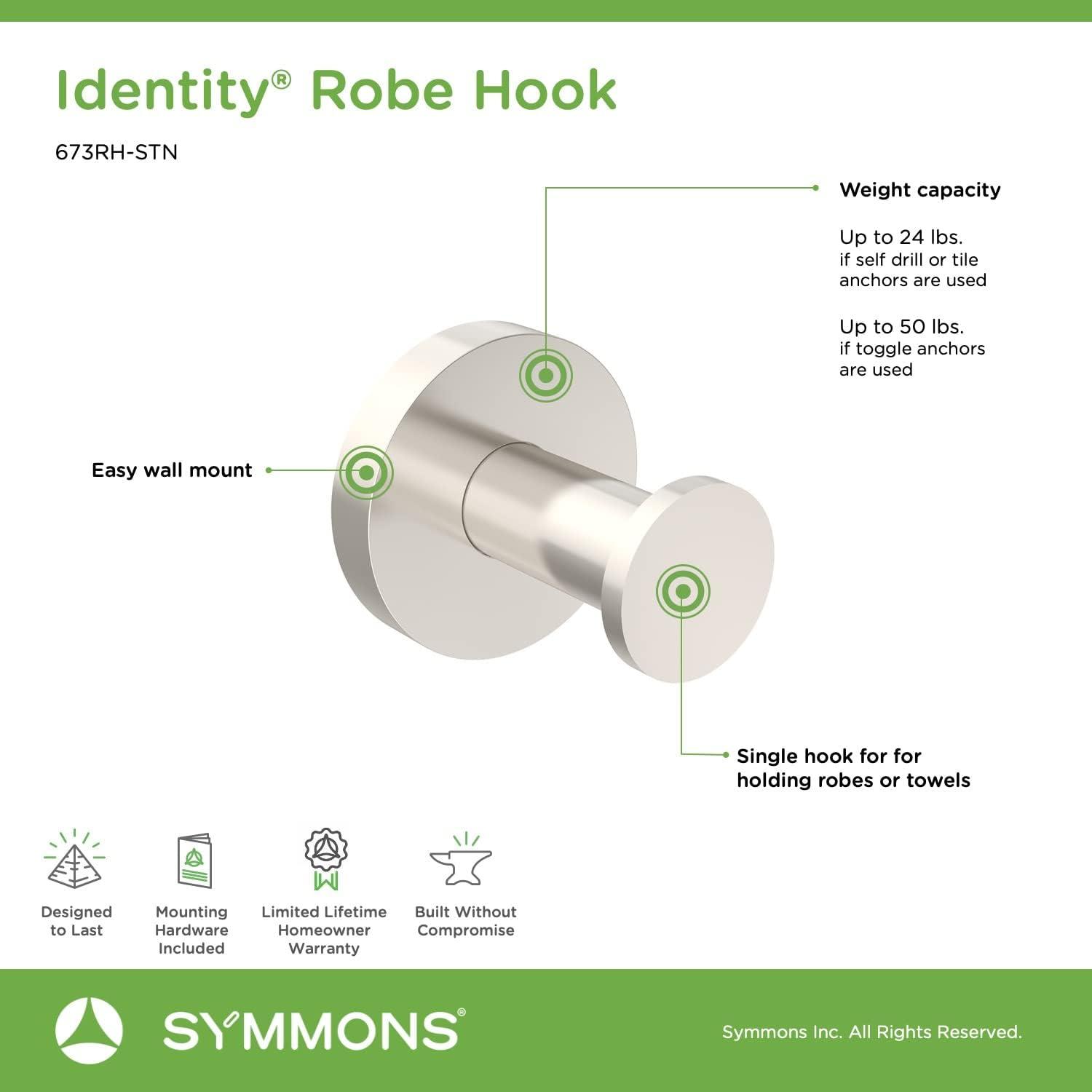 Identity Wall-Mounted Robe Hook with Mounting Hardware in Satin Nickel