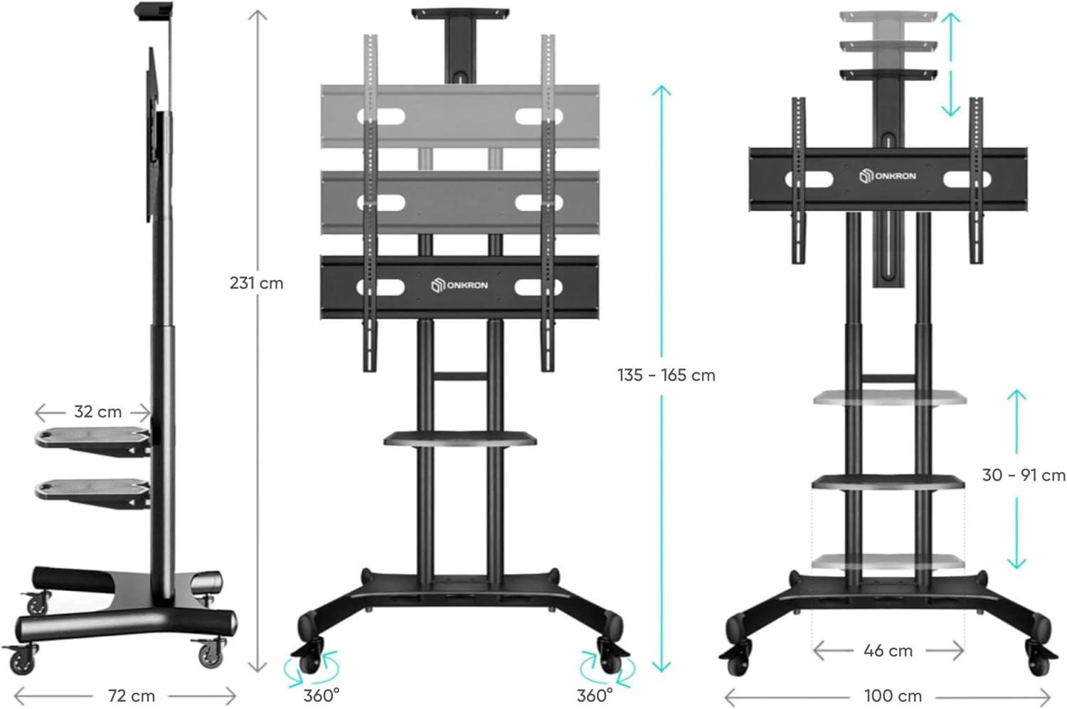 ONKRON Portable TV Stand With Wheels - Adjustable TV Stand for 32-65 Inch for TVs up to 110 lbs