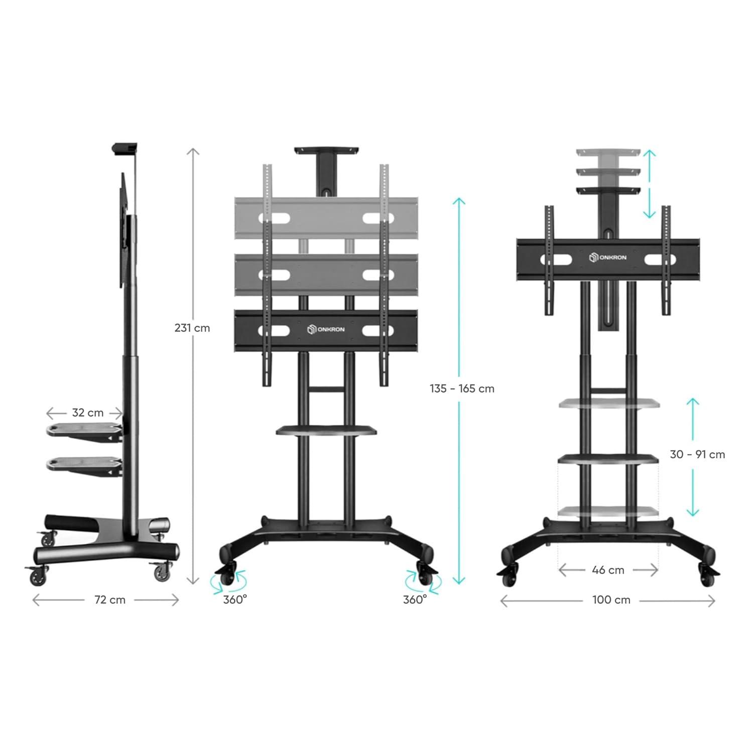 ONKRON Portable TV Stand With Wheels - Adjustable TV Stand for 32-65 Inch for TVs up to 110 lbs