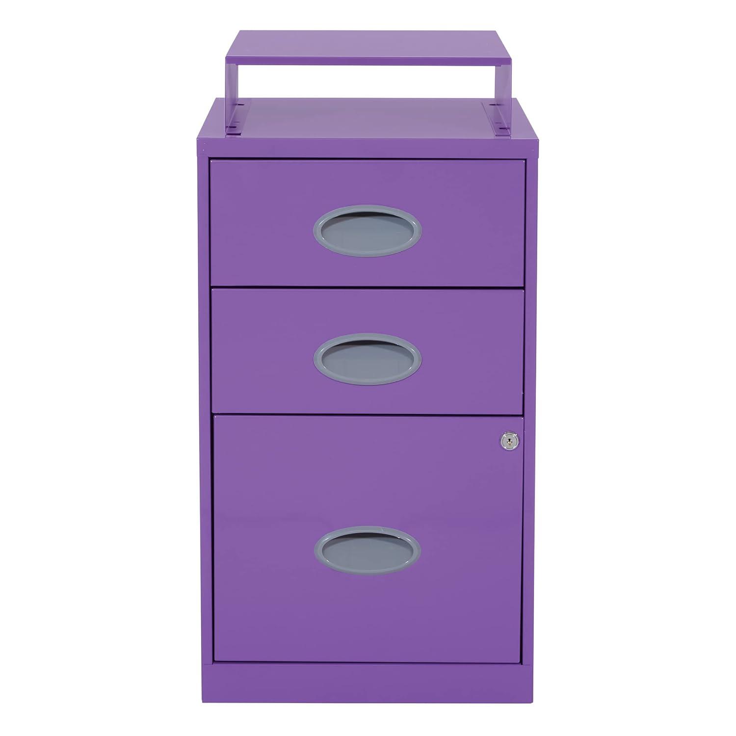OSP Home Furnishings 3-Drawer Locking Metal File Cabinet, Purple