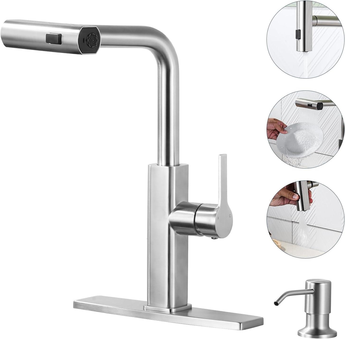 3 Modes Single Handle Pull Down Sprayer Kitchen Faucet With Soap Dispenser